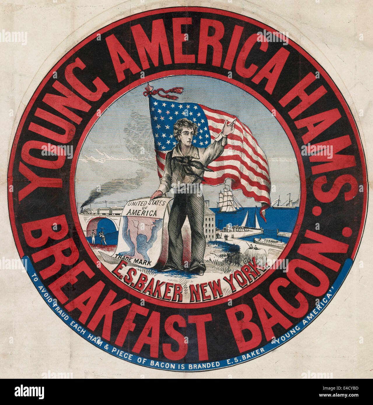 Young America Schinken und Frühstück Speck, e.s. Baker, New York - Werbung zeigt Seemann, steht man vor einer amerikanischen Flagge im Besitz Karte der Vereinigten Staaten; Hafen und Eisenbahn im Hintergrund, um 1870 Stockfoto