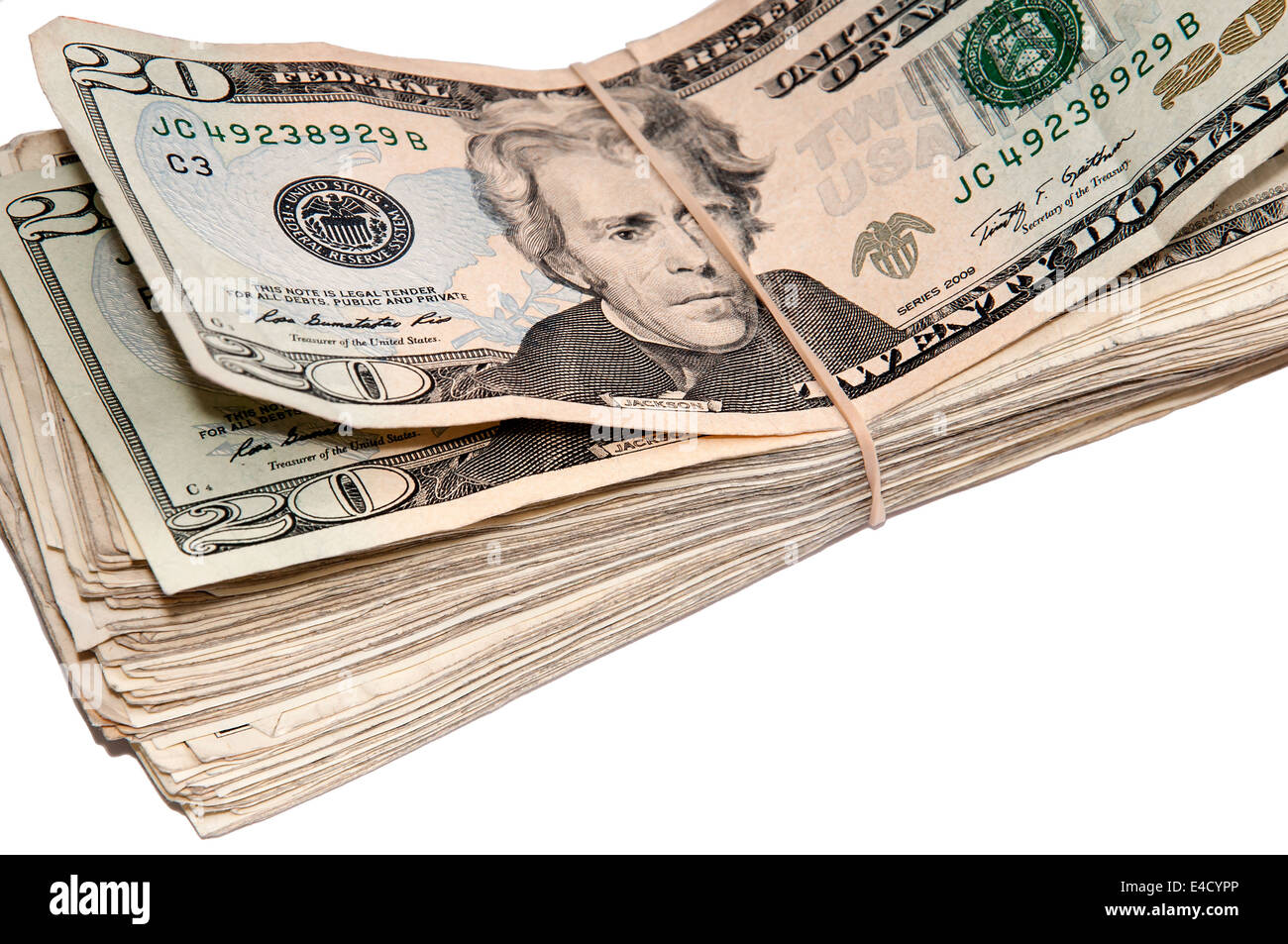 Stapel von amerikanischen Geld vor einem weißen Hintergrund isoliert. Stockfoto