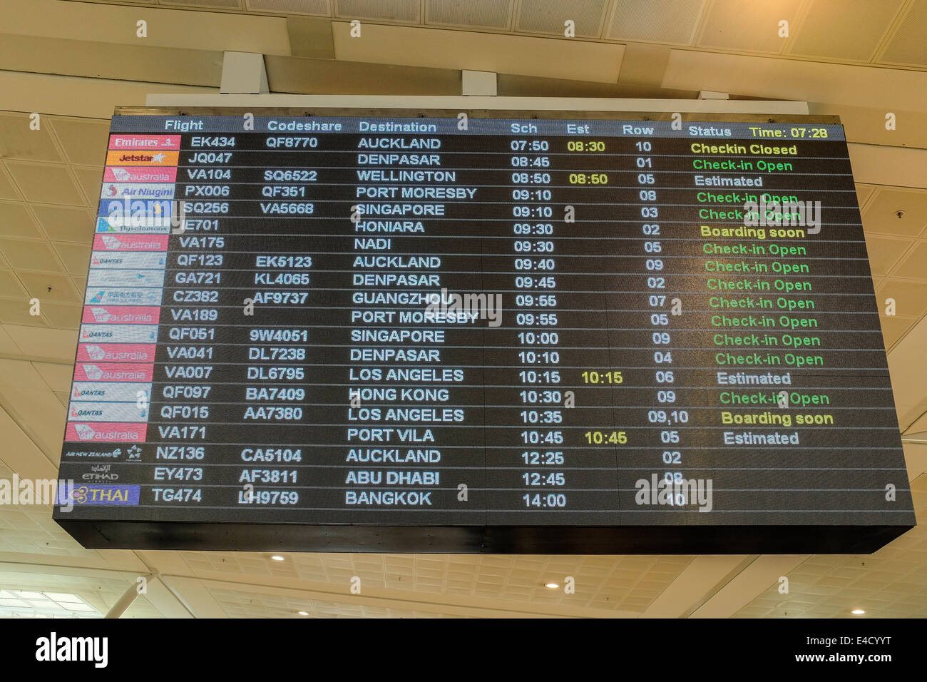 Im Abflugbereich der Flughafen Brisbane International Airport zeigt zahlreiche internationale Destinationen anzeigen Stockfoto