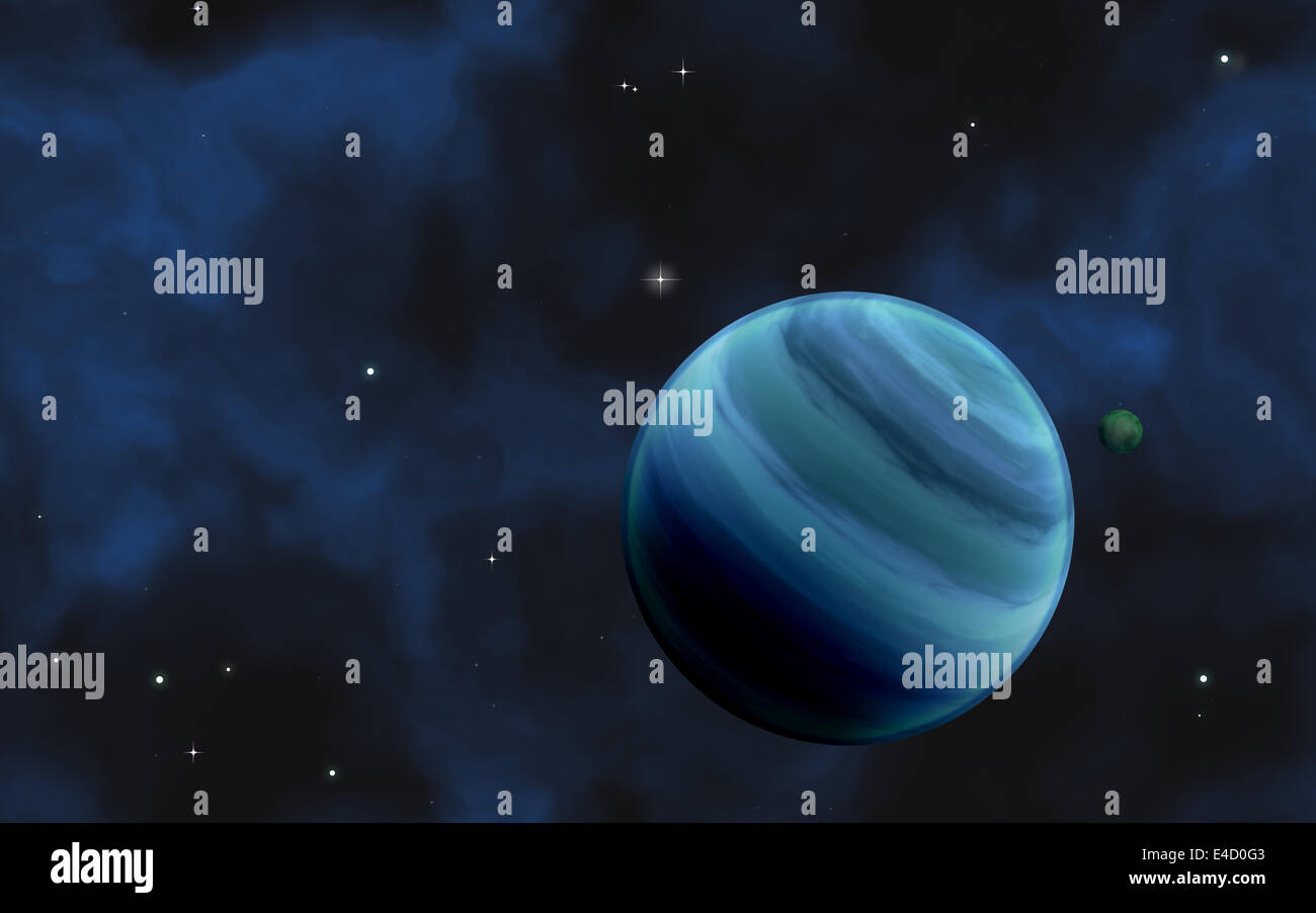Exoplanet mit Exomoon mit Sternen und Gaswolke Stockfoto