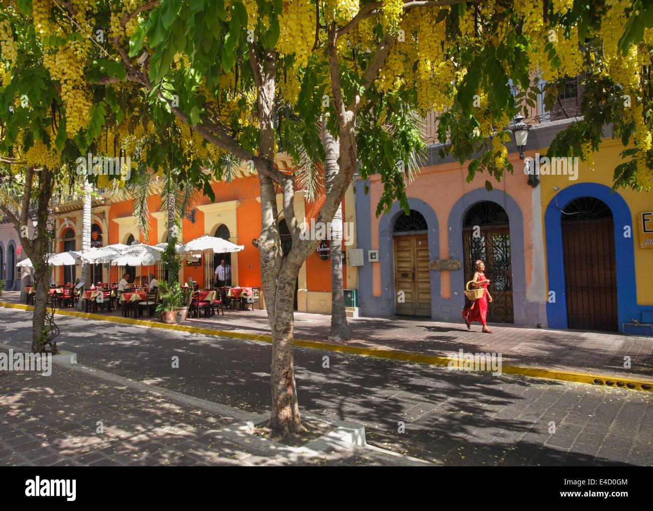 Lady in Red am Plaza Machado, Mazatlan Viejo, Mexiko Stockfoto