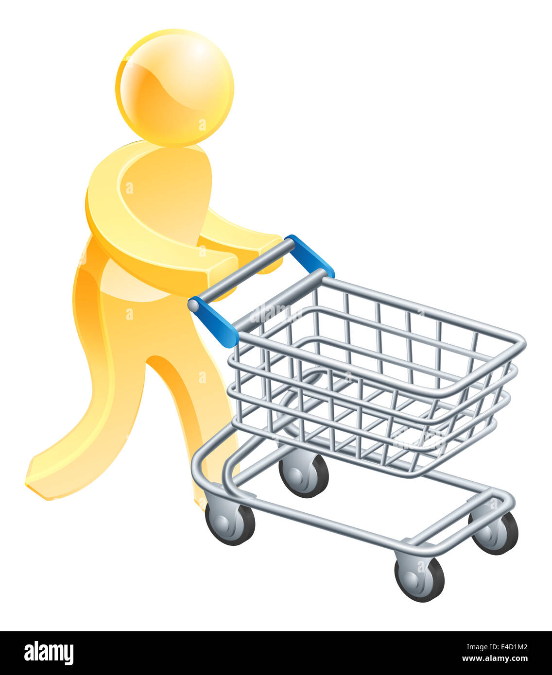 Eine gold-Maskottchen Person aufgebracht, einen Supermarkt Einkaufen Einkaufswagen Trolley gold Mann Stockfoto