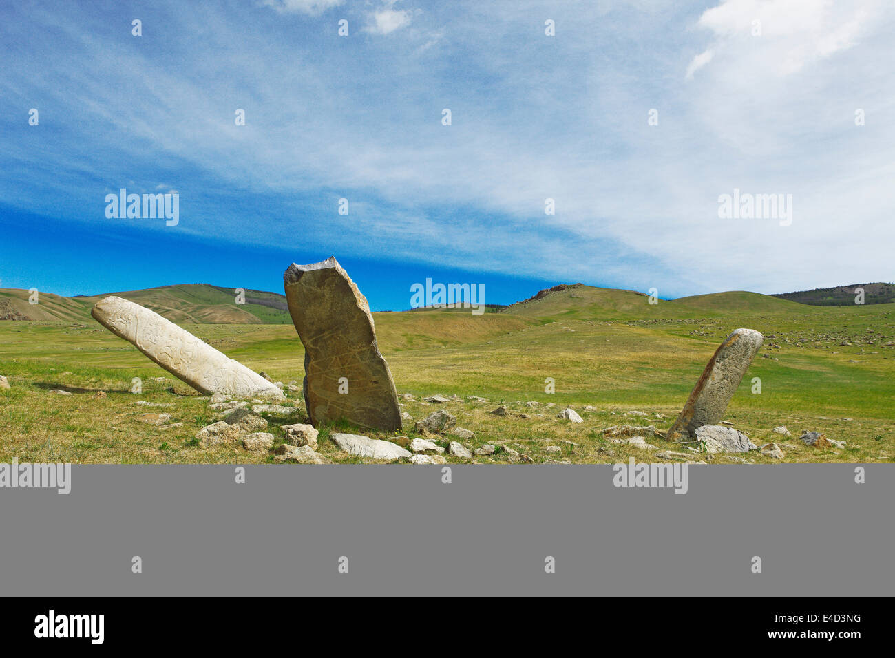 Hirschsteine, Steinzeit Grabstätten, Hustai Nationalpark, auch Khustain Nuruu National Park, südlichen Steppe Stockfoto