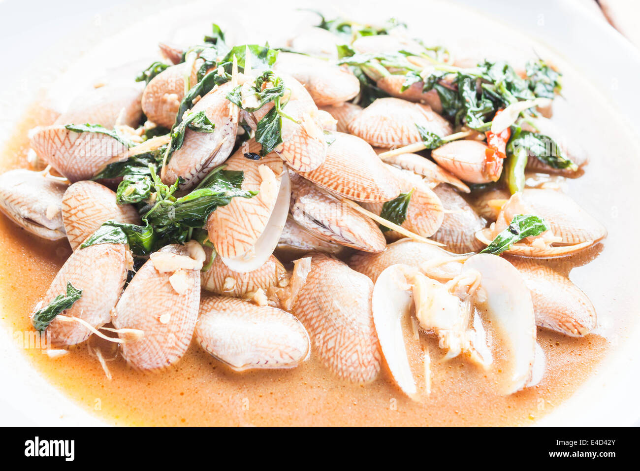 Rühren Sie gebratene Muscheln mit geröstete Chilipaste aus nächster Nähe Stockfoto
