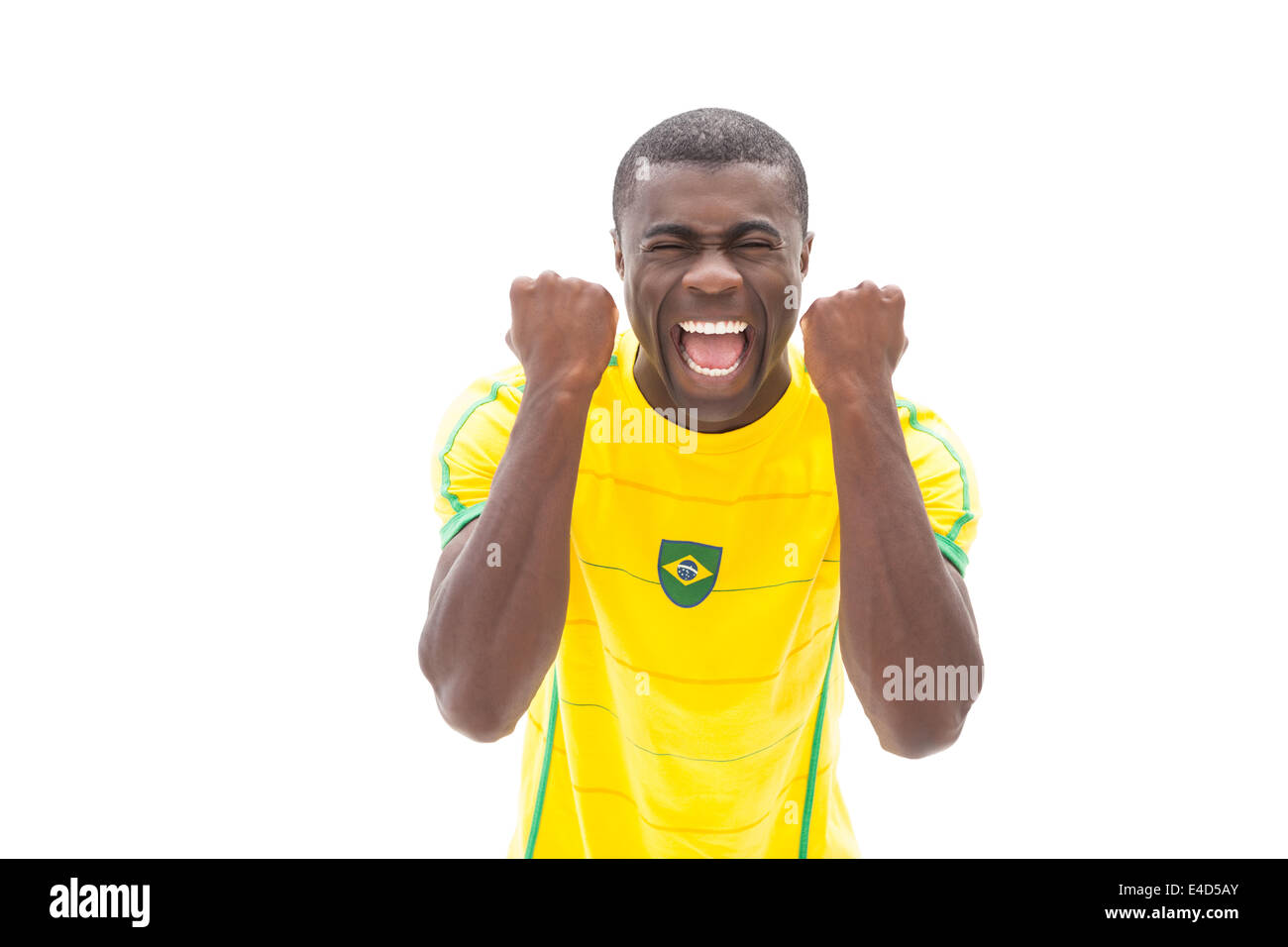 Aufgeregt, brasilianischen Fußball Fan jubeln Stockfoto
