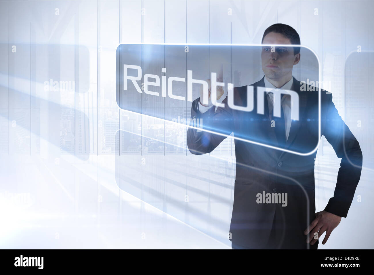 Unternehmer präsentieren das Wort Glück in deutscher Sprache Stockfoto