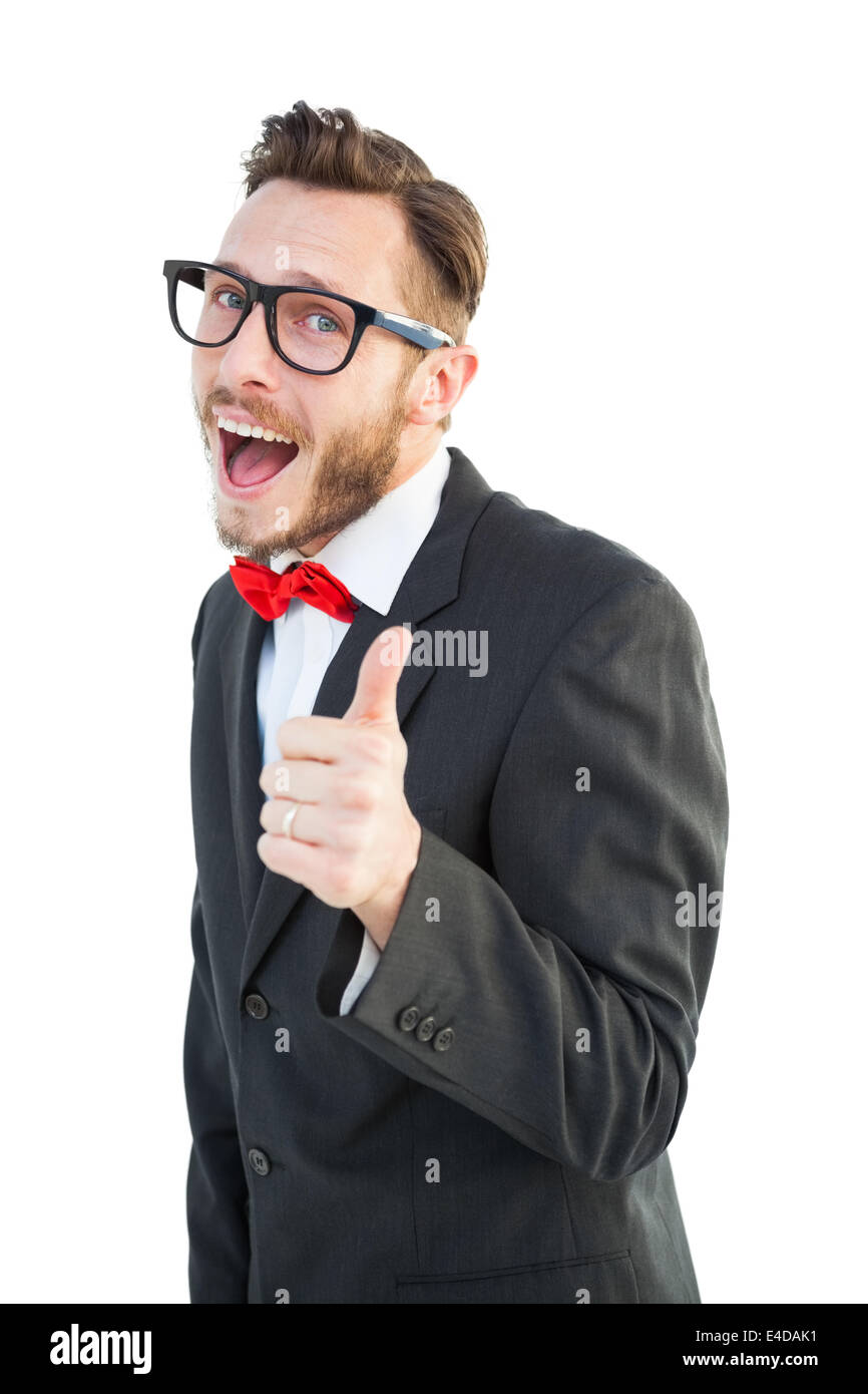 Geeky Hipster auf Kamera zeigen Stockfoto