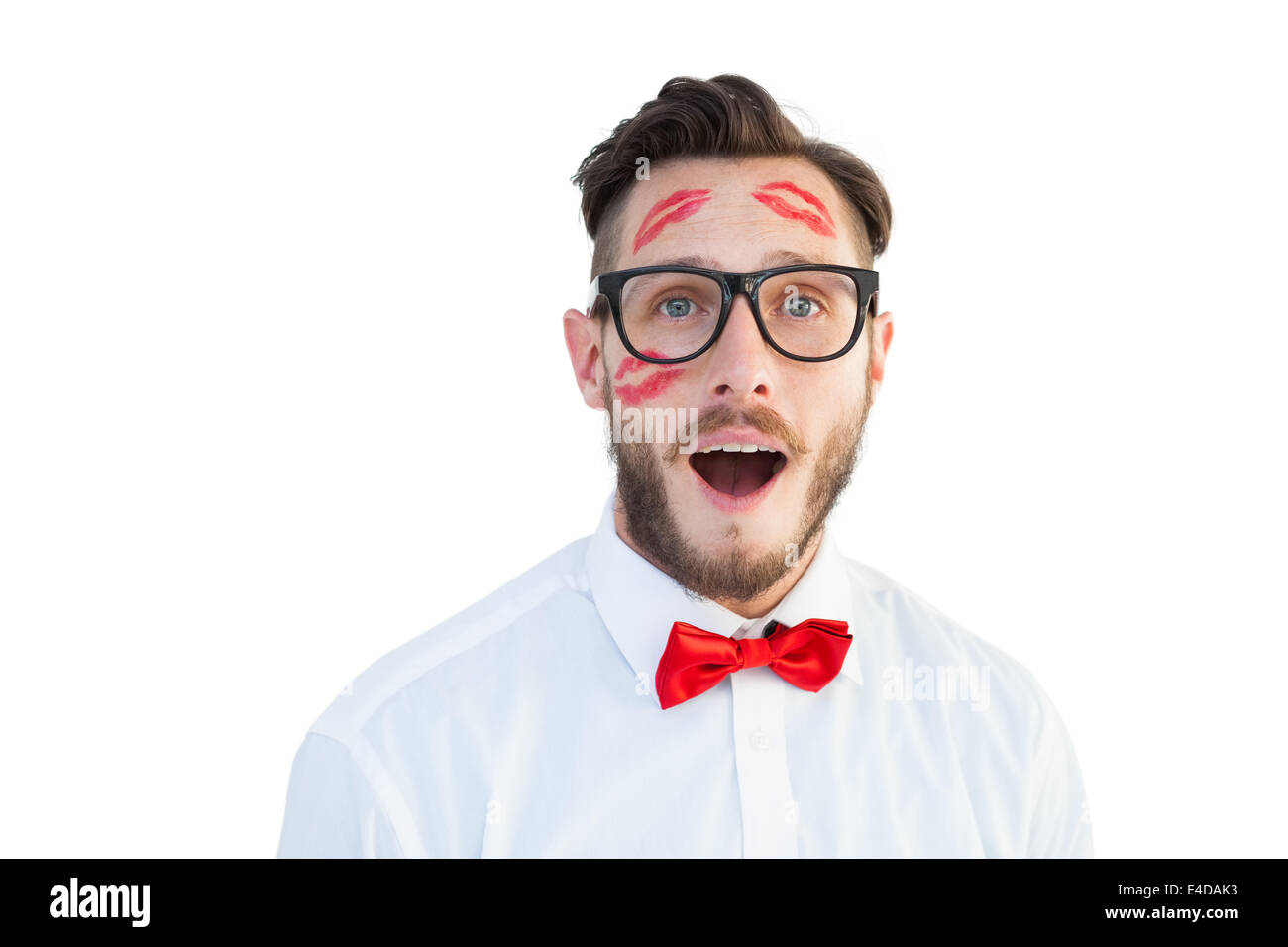 Geeky Hipster mit Küssen auf seinem Gesicht Stockfoto