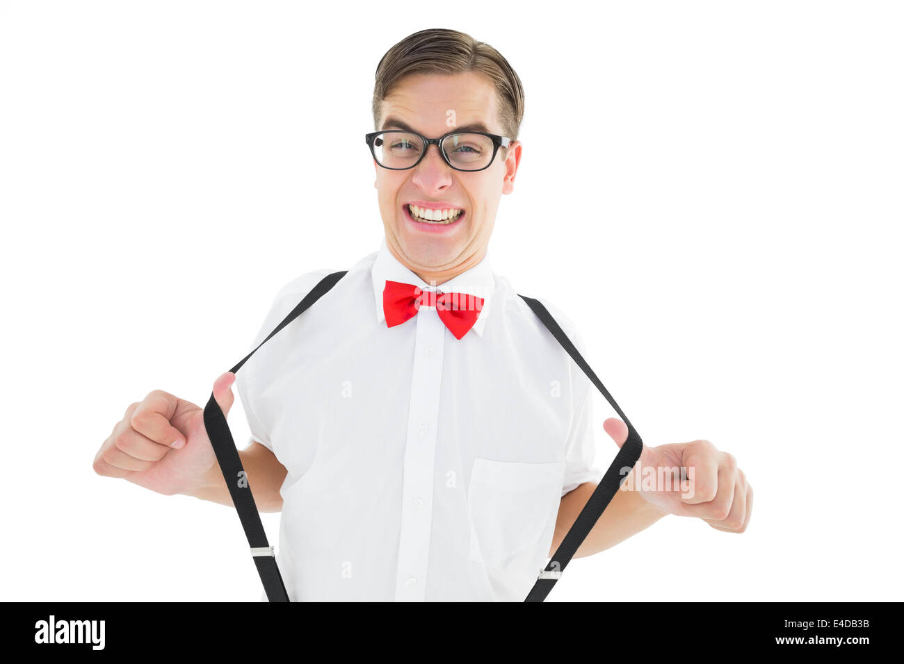 Geeky Hipster ziehen seine Hosenträger Stockfoto