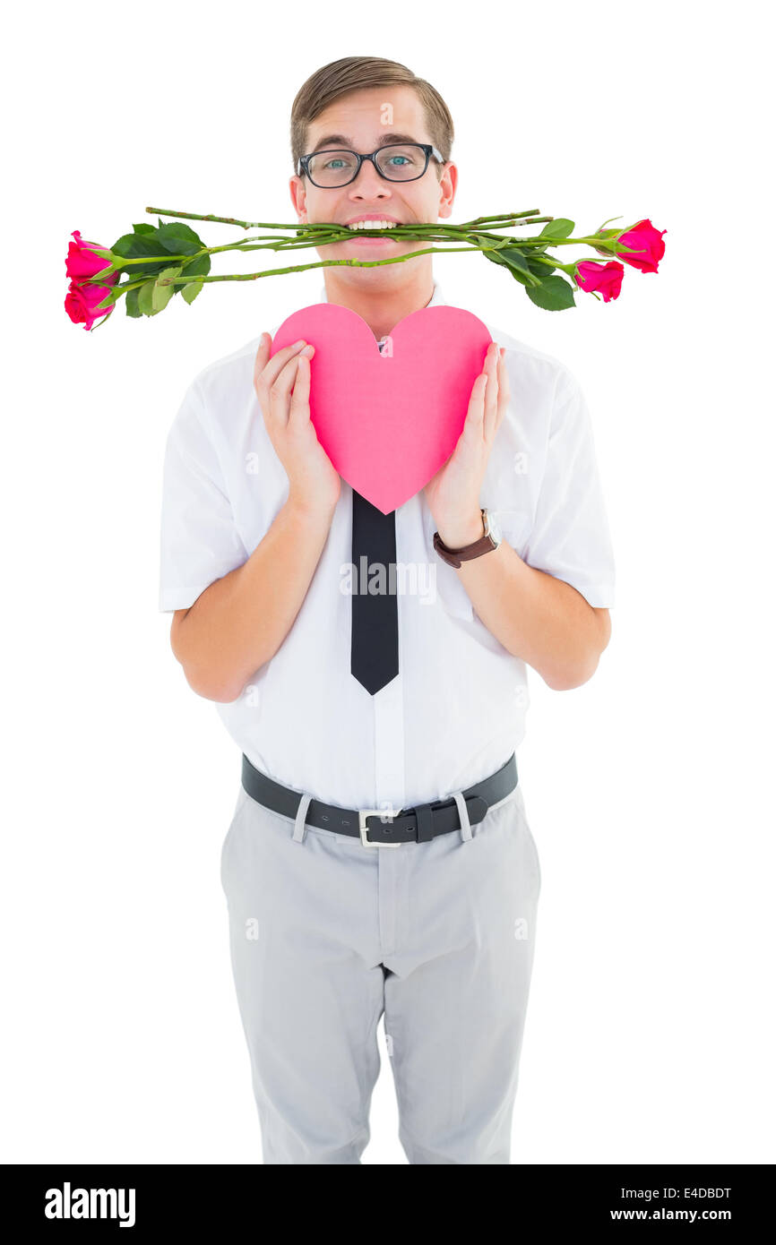 Geeky Hipster mit roten Rosen und Herzkarte Stockfoto