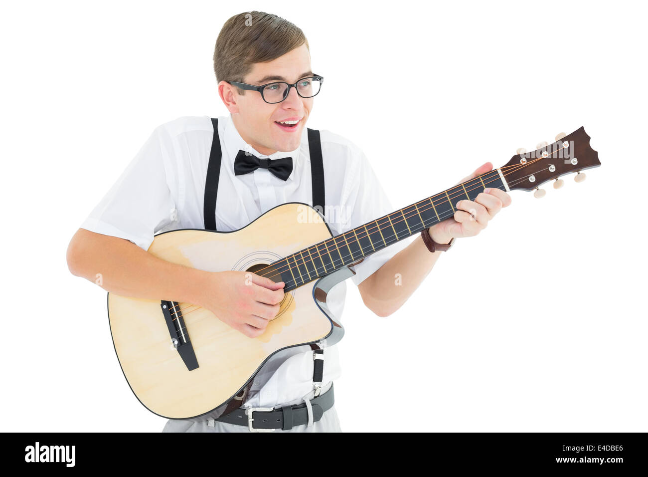 Geeky Hipster Gitarre spielen und singen Stockfoto