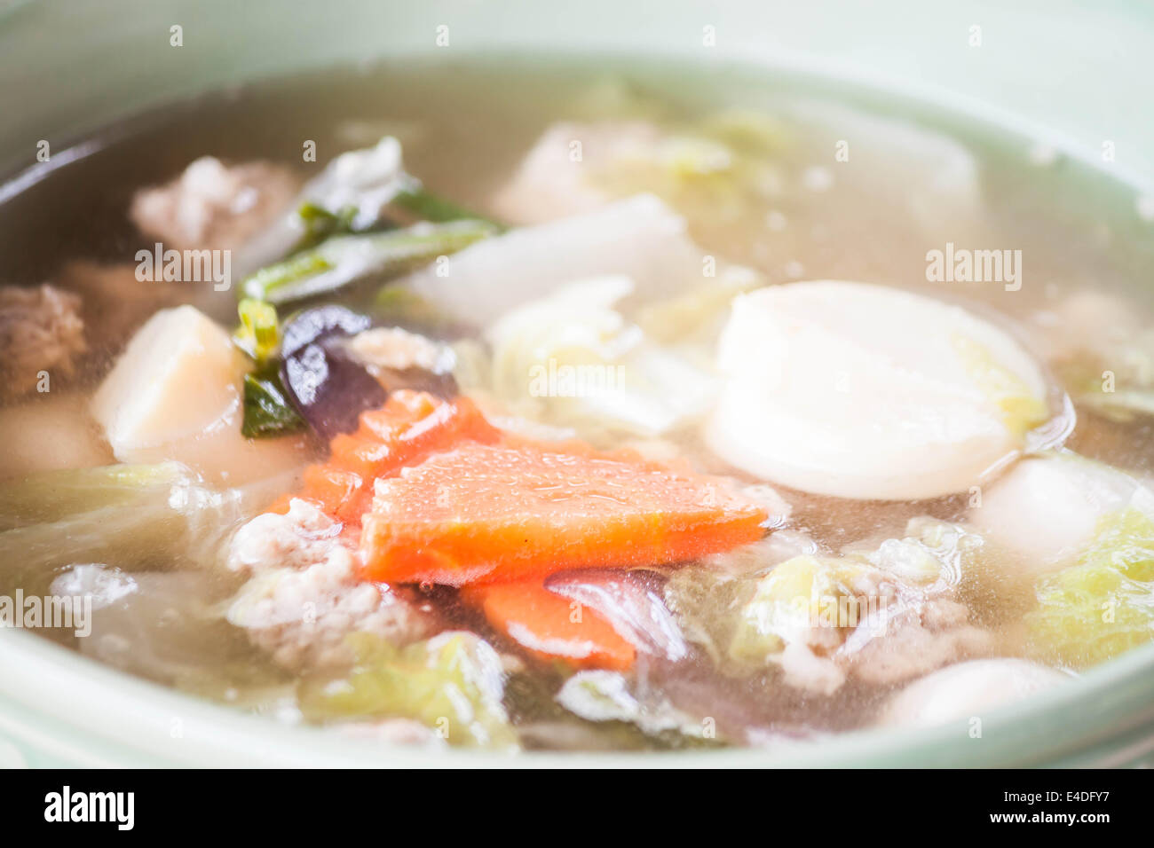 Hausgemachte Suppe mit Ei-Tofu, gehacktem Schweinefleisch und Gemüse Stockfoto