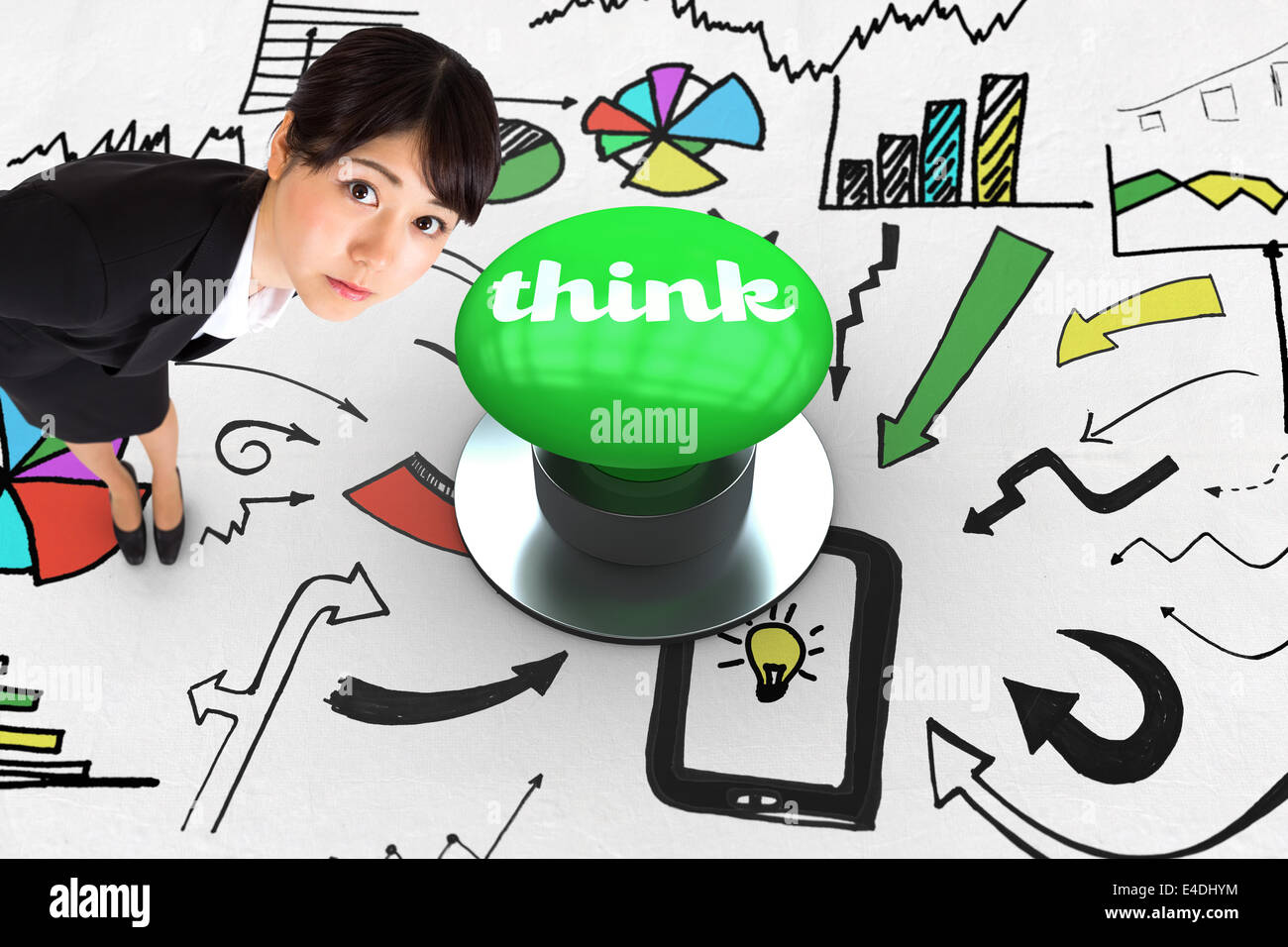 Denken Sie gegen Digital erzeugte grüne Taste Stockfoto