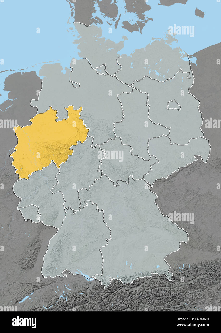 State of North Rhine-Westphalia, Germany, Reliefkarte Stockfoto
