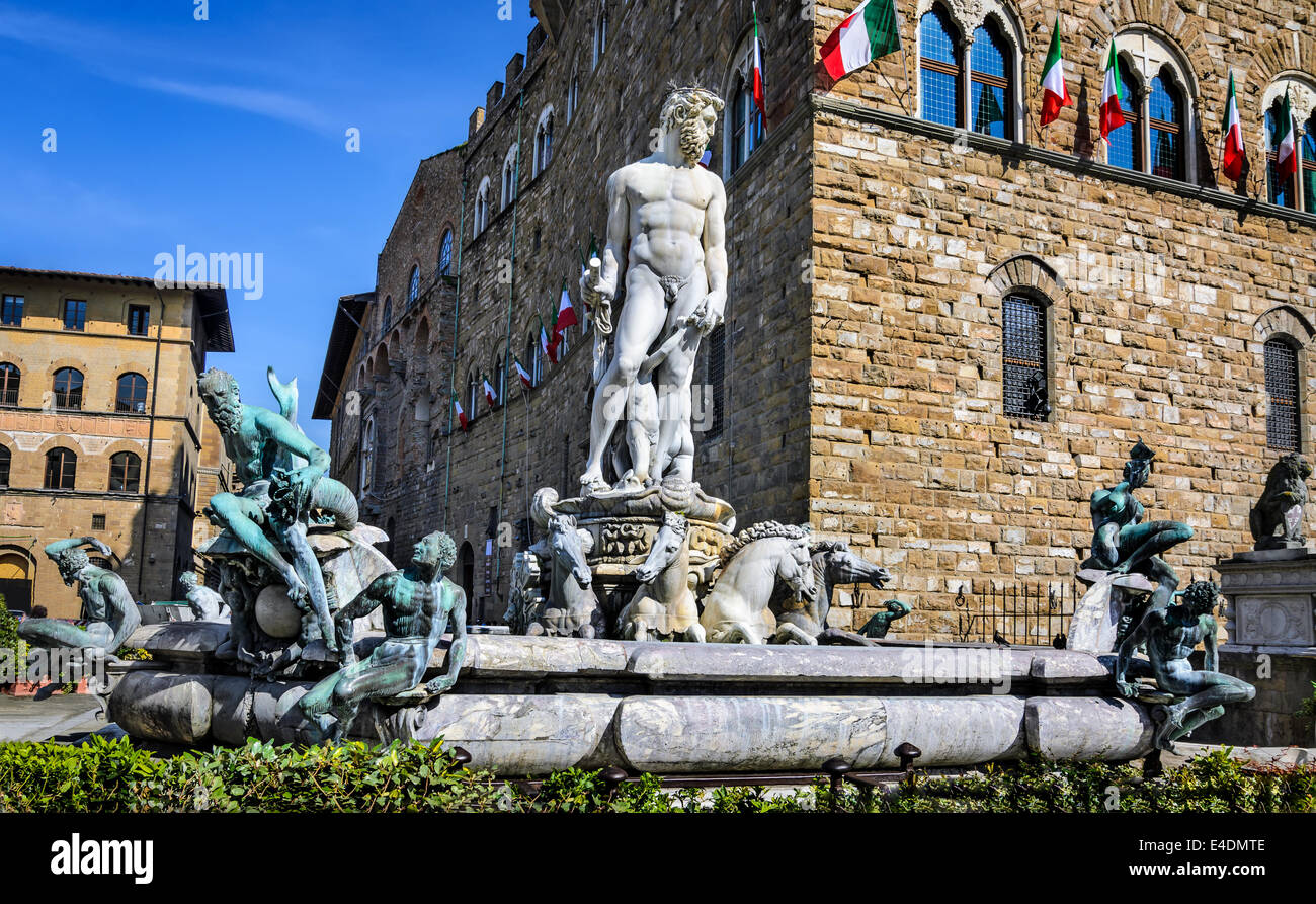 Brunnen von Neptun ist ein Brunnen in Florenz, Italien, befindet sich auf der Piazza della Signoria vor dem Palazzo Vecchio. Stockfoto