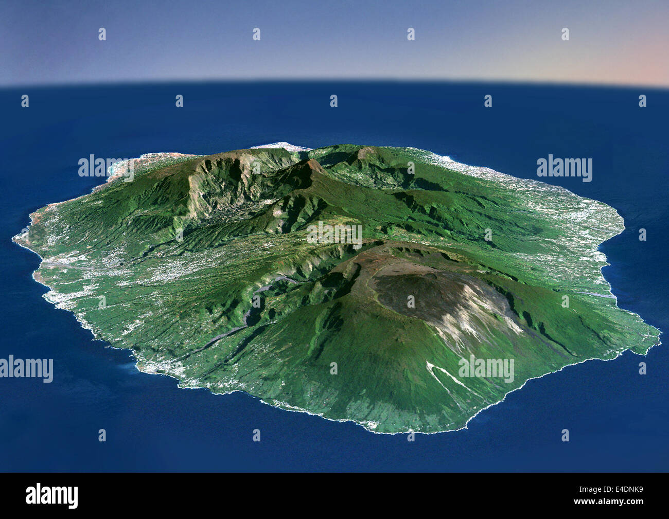 Piton De La Fournaise Vulkan In 3D, Réunion, Französisch Übersee, wahre Farbe Satellitenbild. Piton De La Fournaise, Reunio Stockfoto