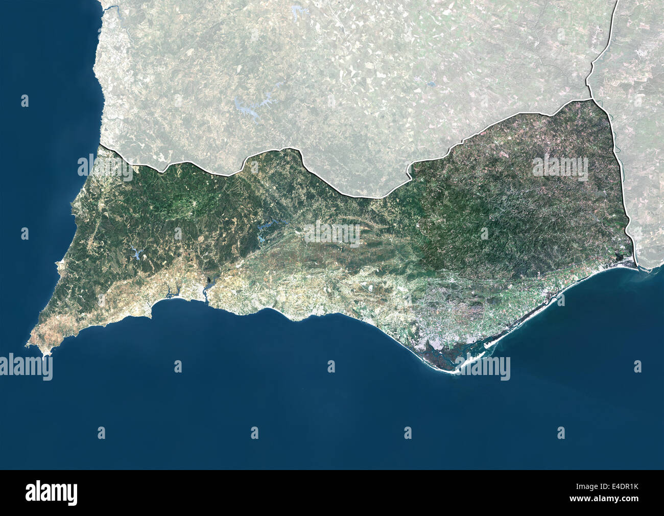 Distrikt Faro, Portugal, Echtfarben-Satellitenbild Stockfoto