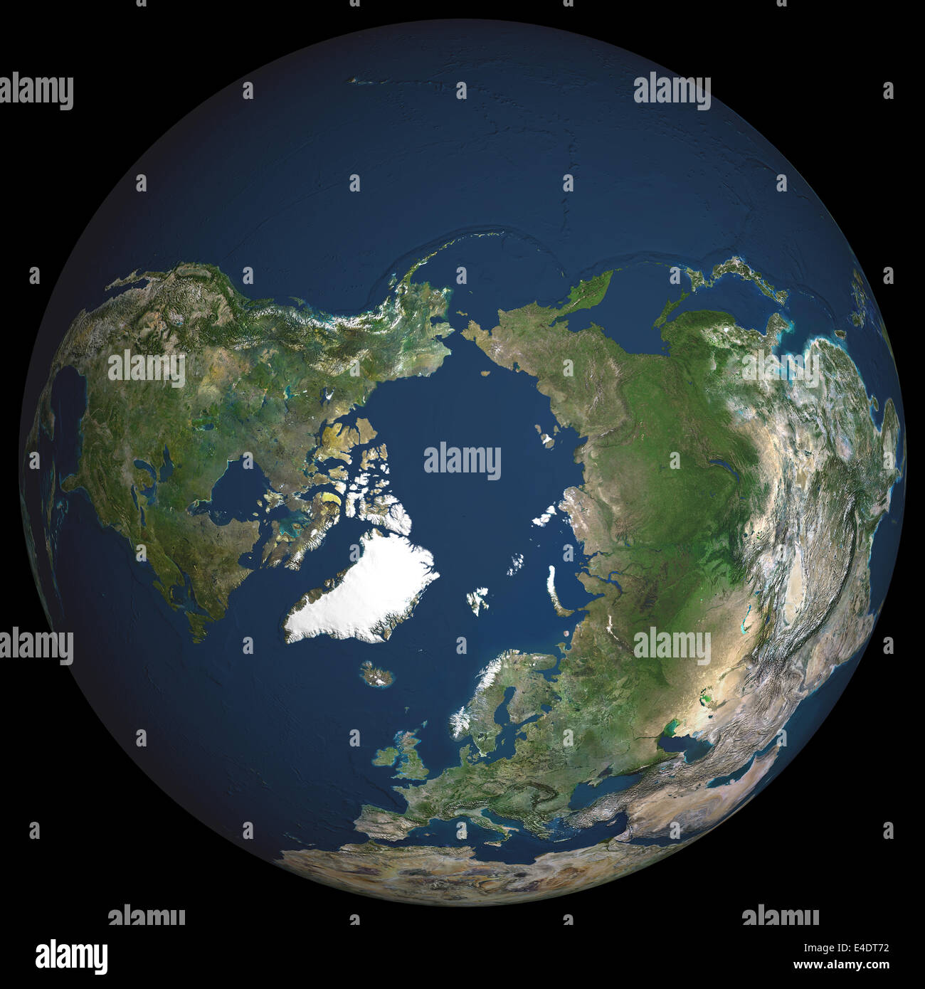 Globus Nordpol, Echtfarben-Satellitenbild. Wolkenlosen Echtfarben-Satellitenbild der Erde, in dessen Mittelpunkt der Arktis oder nort Stockfoto