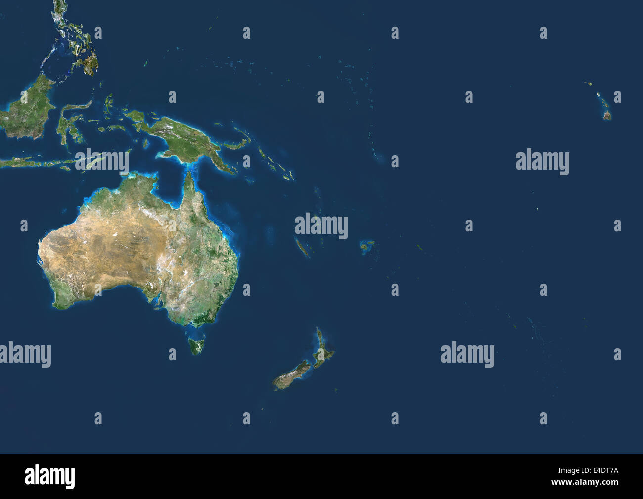 Ozeanien, Echtfarben-Satellitenbild. Ozeanien. Echtfarben-Satellitenbild der Region Ozeanien im Mittelpunkt. Norden ist oben. WA Stockfoto