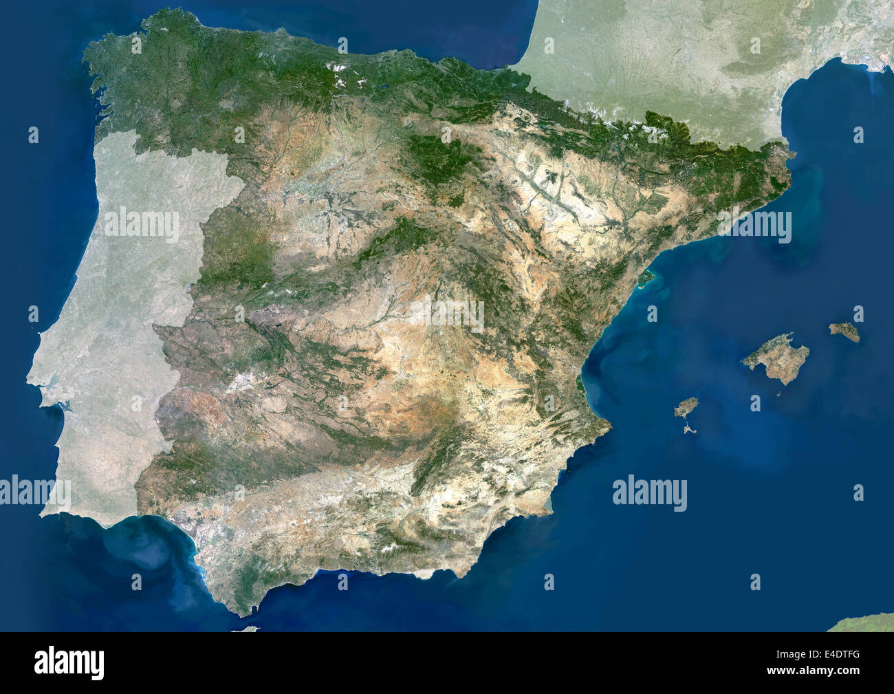 Spanien, Echtfarben-Satellitenbild mit Maske. Spanien, Echtfarben-Satellitenbild mit Maske. Spanien nimmt den größten Teil I Stockfoto