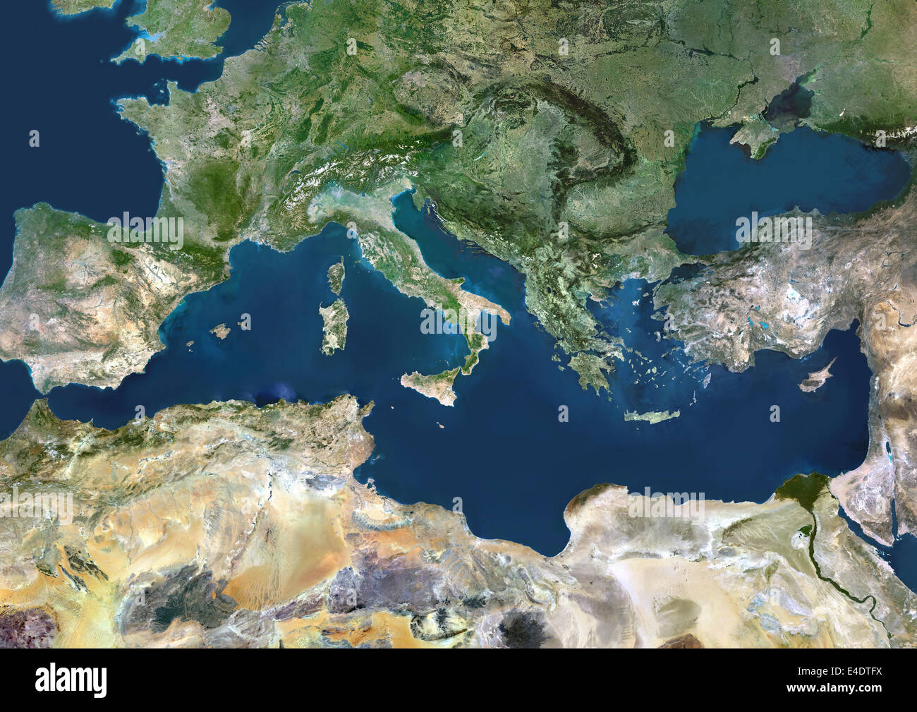 Mittelmeerraum, Echtfarben-Satellitenbild. Mittelmeer. Echtfarben-Satellitenbilder zeigen das Mittelmeer. Stockfoto