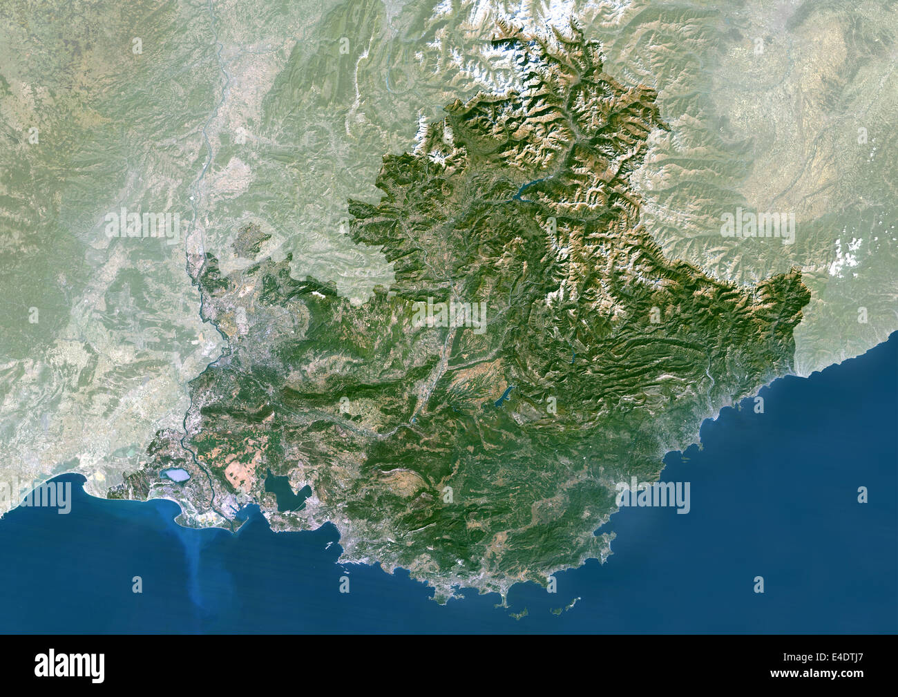 Provence-Alpes-Côte d ' Azur Region, Frankreich, Echtfarben Satellitenbild mit Maske. Region Provence - Alpes - Côte d ' Azur, Frankreich, Stockfoto