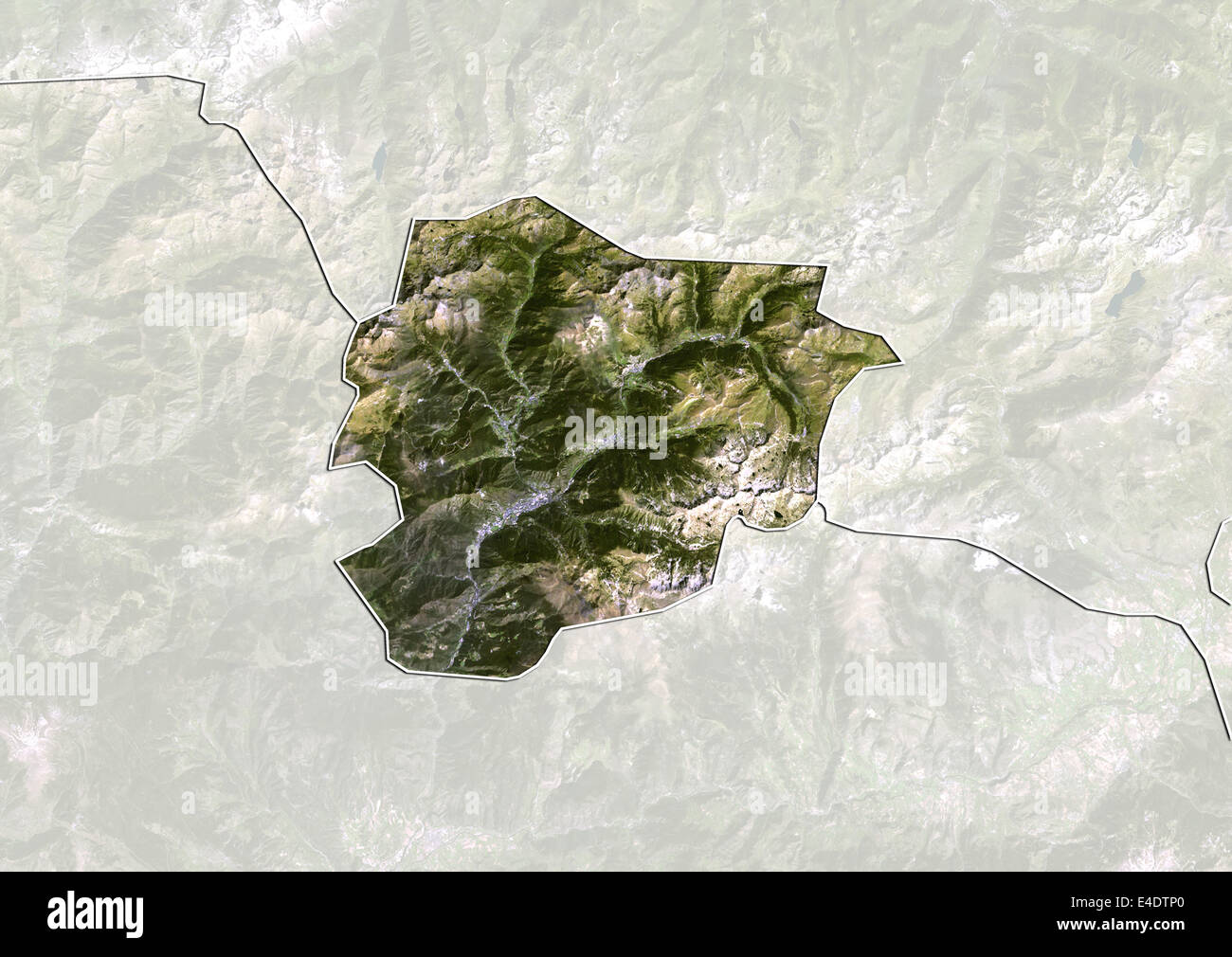 Andorra, Echtfarben-Satellitenbild mit Rand und Maske Stockfoto