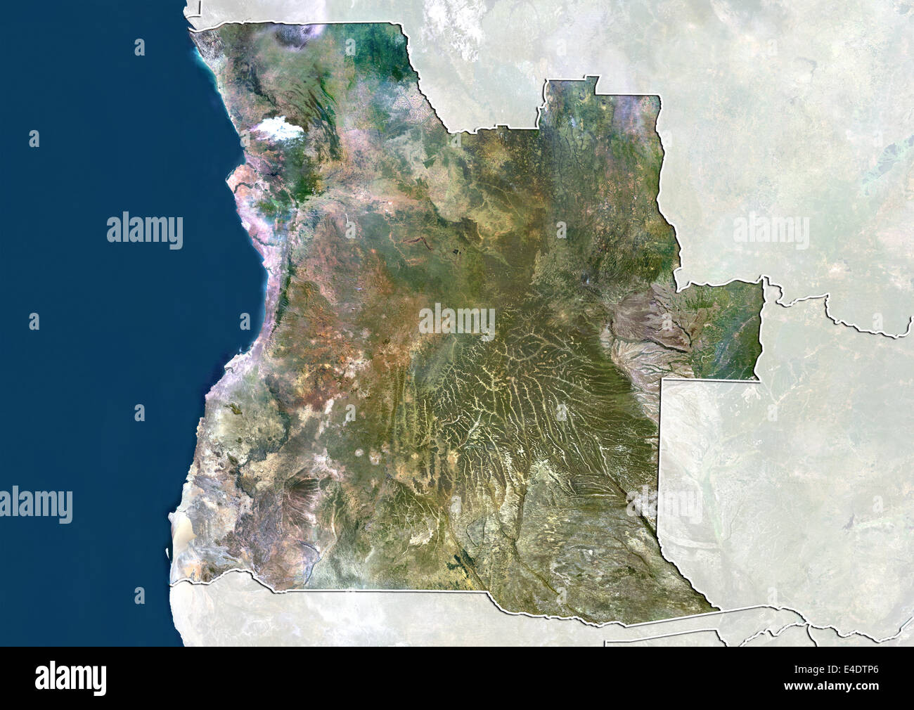 Angola, Echtfarben-Satellitenbild mit Rand und Maske Stockfoto