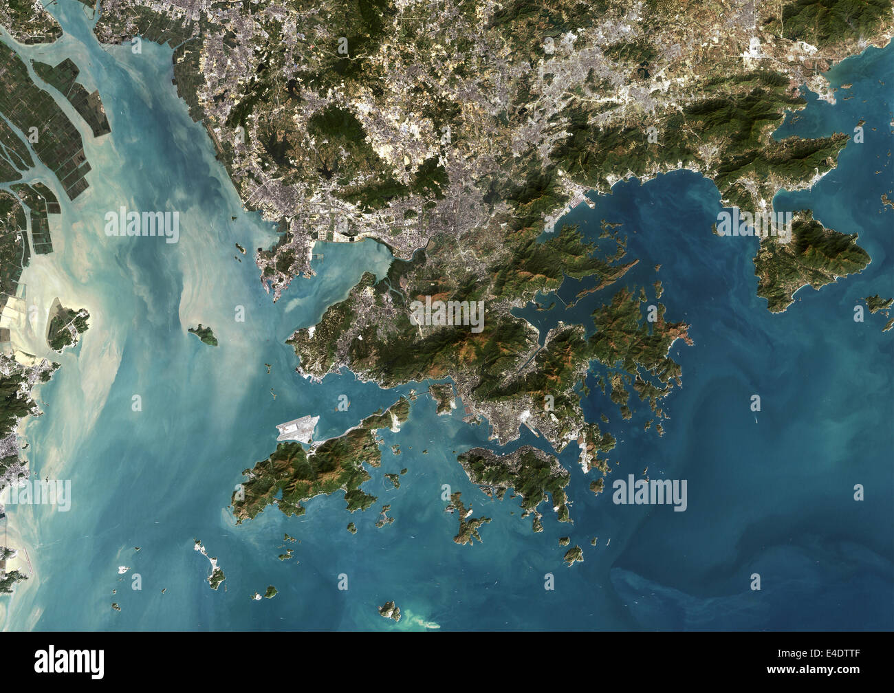 Hong Kong, China, Echtfarben-Satellitenbild. Hongkong, Volksrepublik China. Echtfarben-Satellitenbild der Stadt Stockfoto