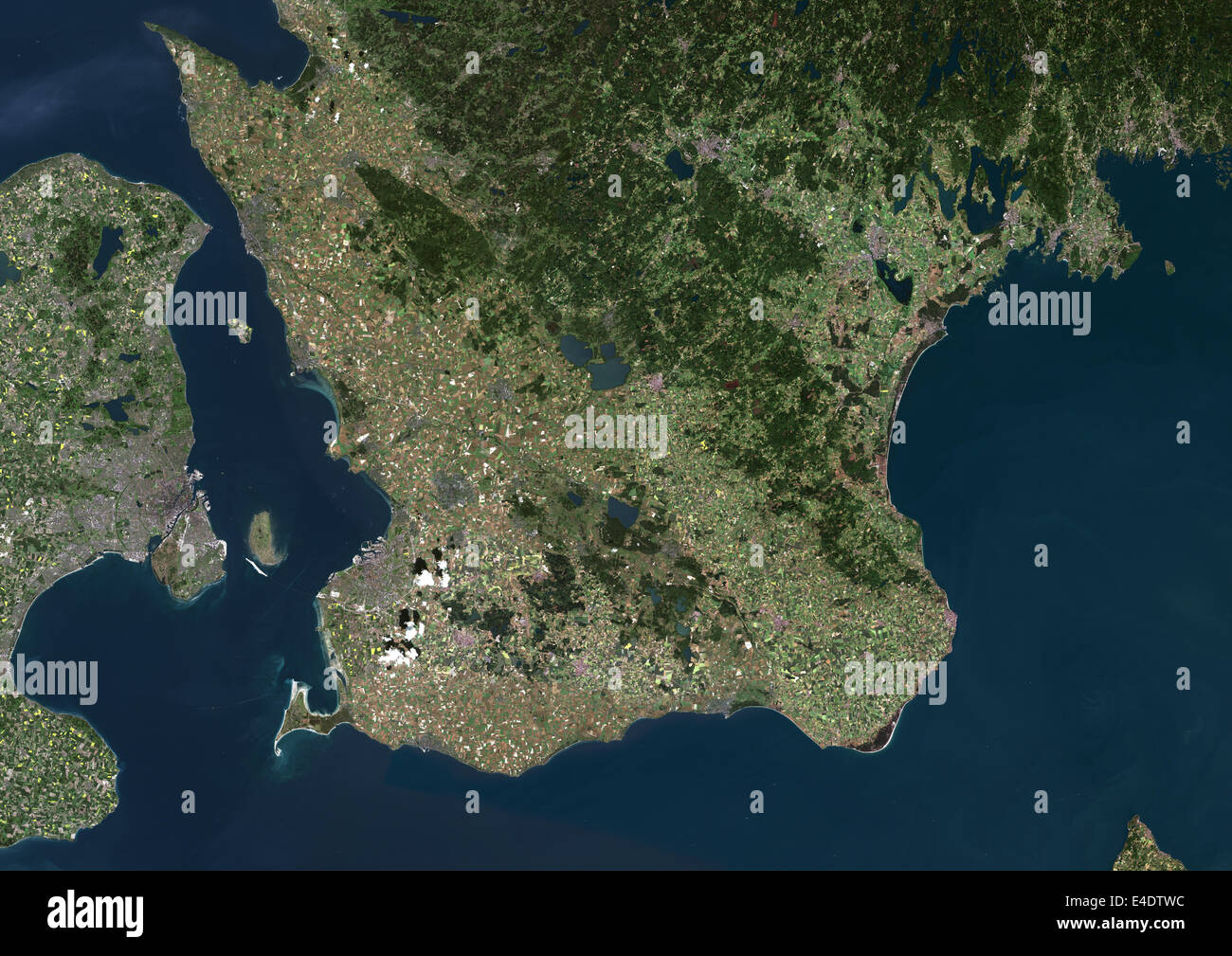Malmö, Schweden, Echtfarben-Satellitenbild. Malmö, Schweden. Echtfarben-Satellitenbild der Stadt Malmö, aufgenommen am 3 1. August Stockfoto