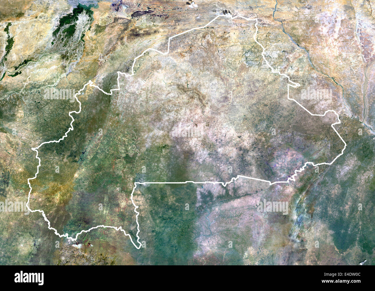 Burkina Faso, Afrika, Echtfarben-Satellitenbild mit Rand. Satellitenansicht von Burkina Faso (mit Rand). Dieses Bild war comp Stockfoto