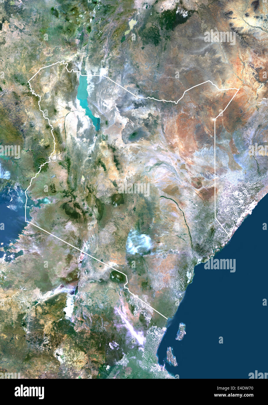 Kenia, Afrika, Echtfarben-Satellitenbild mit Rand. Satellitenansicht von Kenia (mit Rand). Dieses Bild wurde aus Daten erstellt. Stockfoto