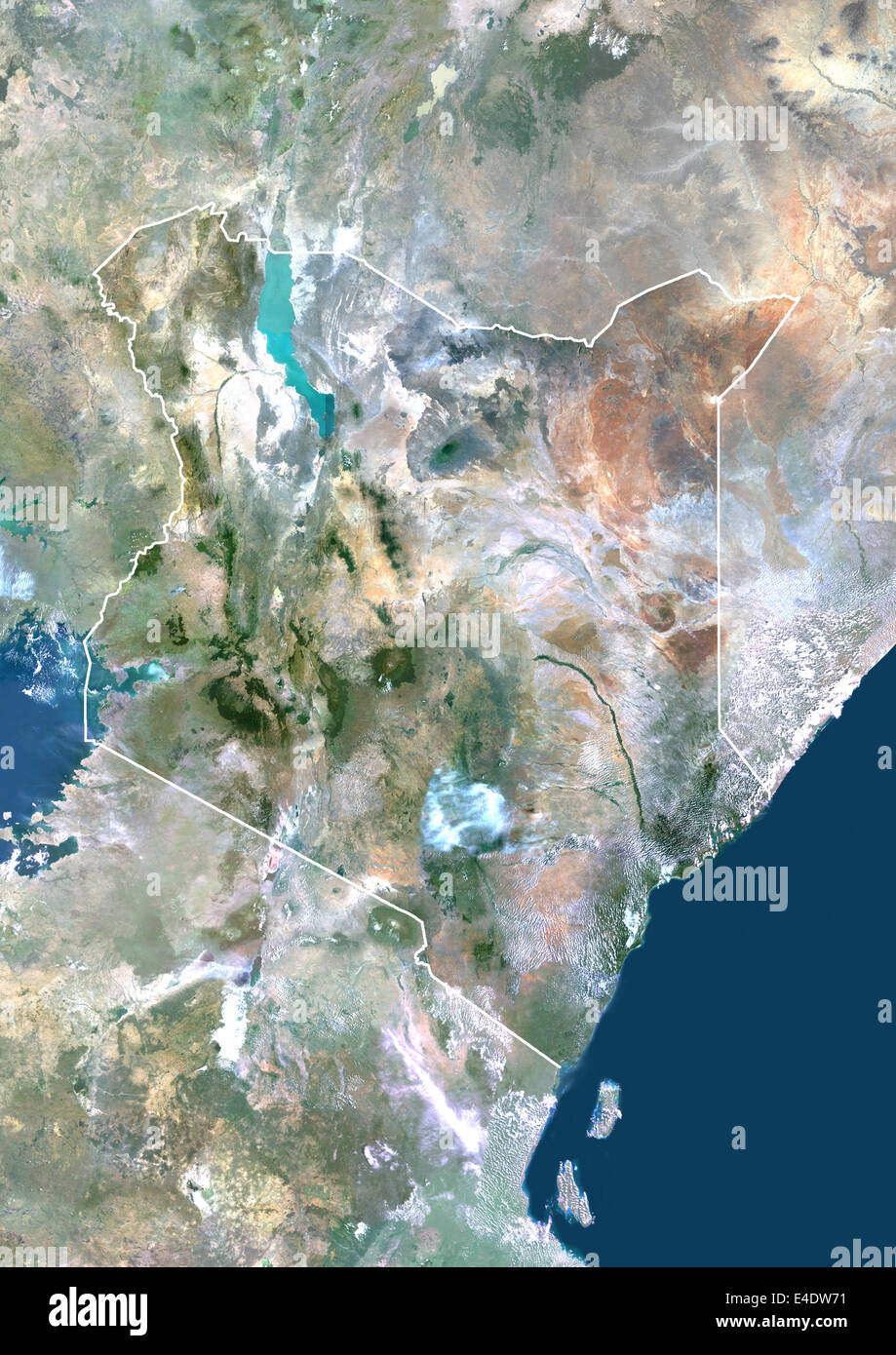 Kenia, Afrika, Echtfarben-Satellitenbild mit Rand und Maske. Satellitenansicht von Kenia (mit Rand und Maske). Dieses Bild wurde Stockfoto