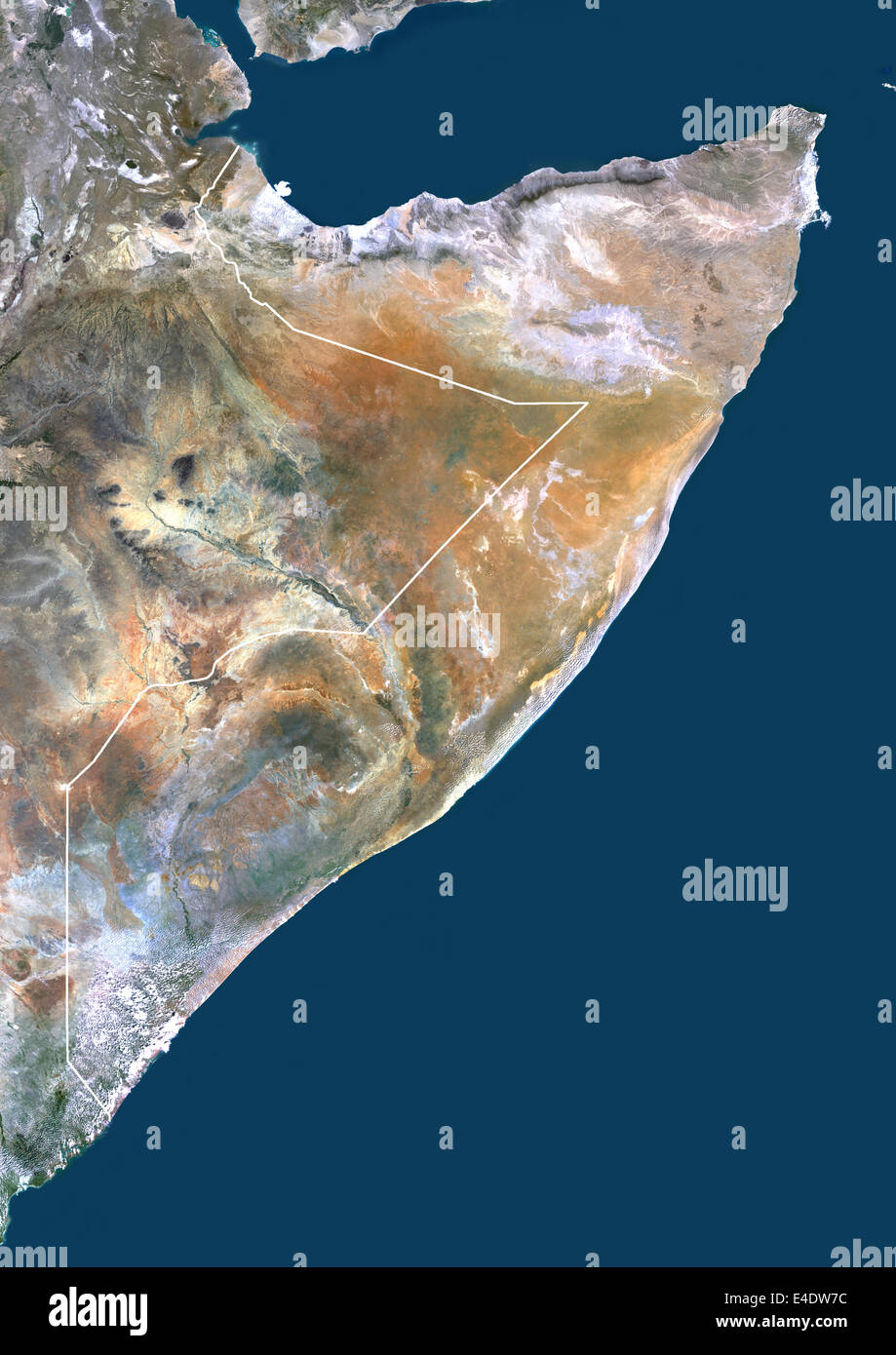 Somalia, Afrika, Echtfarben-Satellitenbild mit Rand. Satellitenansicht von Somalia (mit Rand). Dieses Bild wurde von zusammengestellt. Stockfoto