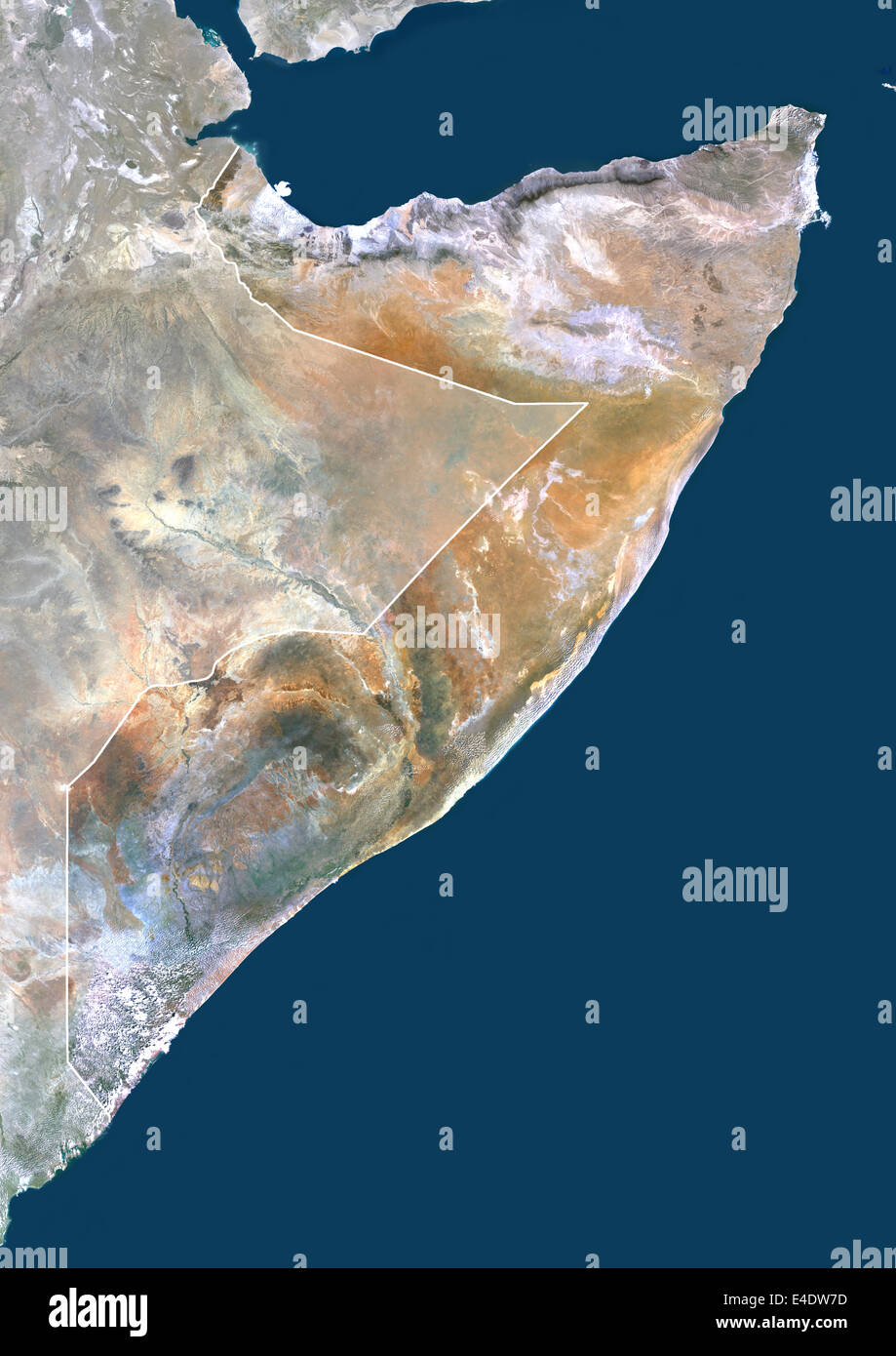 Somalia, Afrika, Echtfarben-Satellitenbild mit Rand und Maske. Satellitenansicht von Somalia (mit Rand und Maske). Dieses Bild Stockfoto