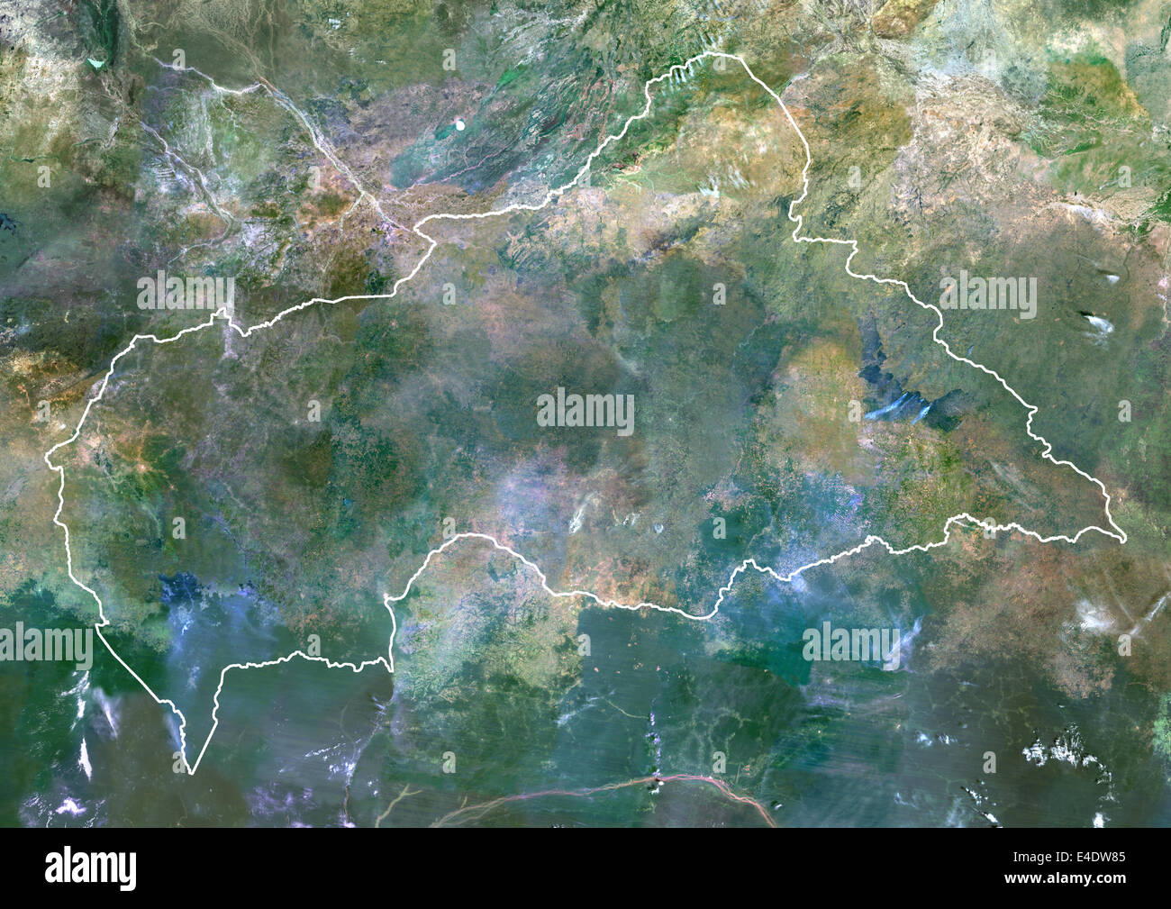 Zentralafrikanische Republik, Afrika, Echtfarben-Satellitenbild mit Rand. Satellitenansicht der Zentralafrikanischen Republik (mit bord Stockfoto