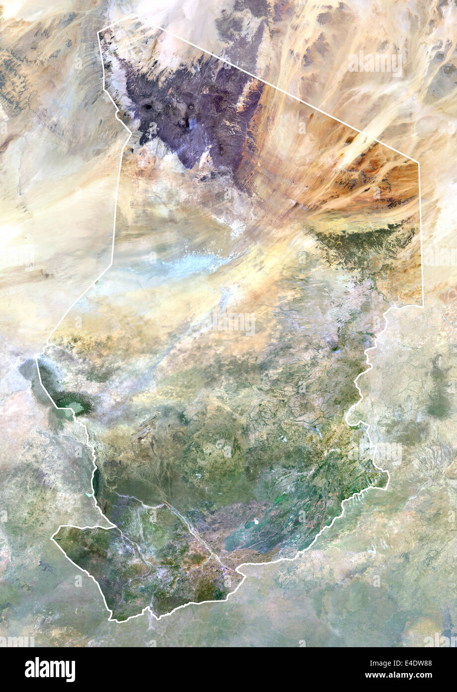 Tschad, Afrika, Echtfarben-Satellitenbild mit Rand und Maske. Satelliten-Ansicht des Tschad (mit Rand und Maske). Dieses Bild war co Stockfoto