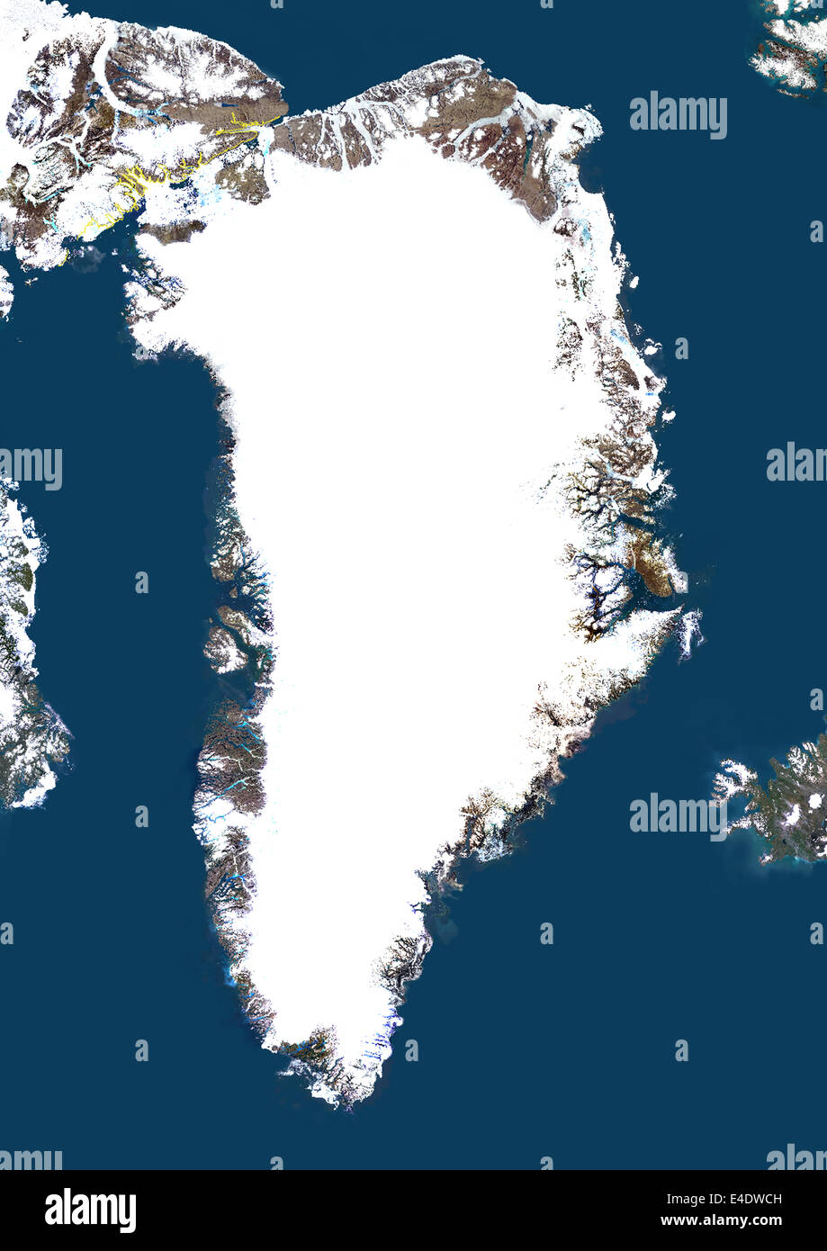 Grönland, Echtfarben-Satellitenbild mit Rand. Satellitenansicht von Grönland (mit Rand). Dieses Bild wurde aus Daten erstellt. Stockfoto