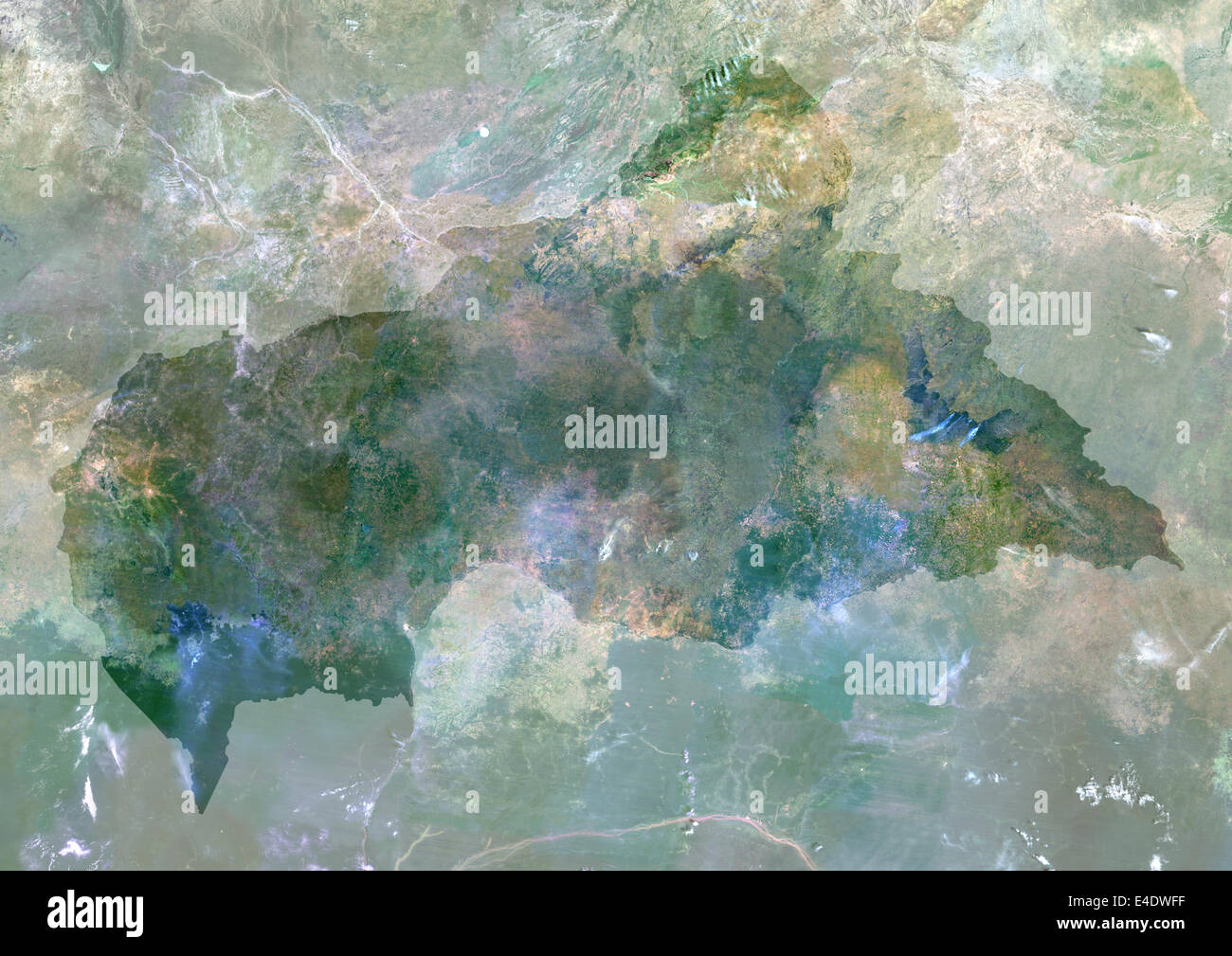 Zentralafrikanische Republik, Afrika, Echtfarben-Satellitenbild mit Maske. Satellitenansicht der Zentralafrikanischen Republik (mit Maske). Stockfoto