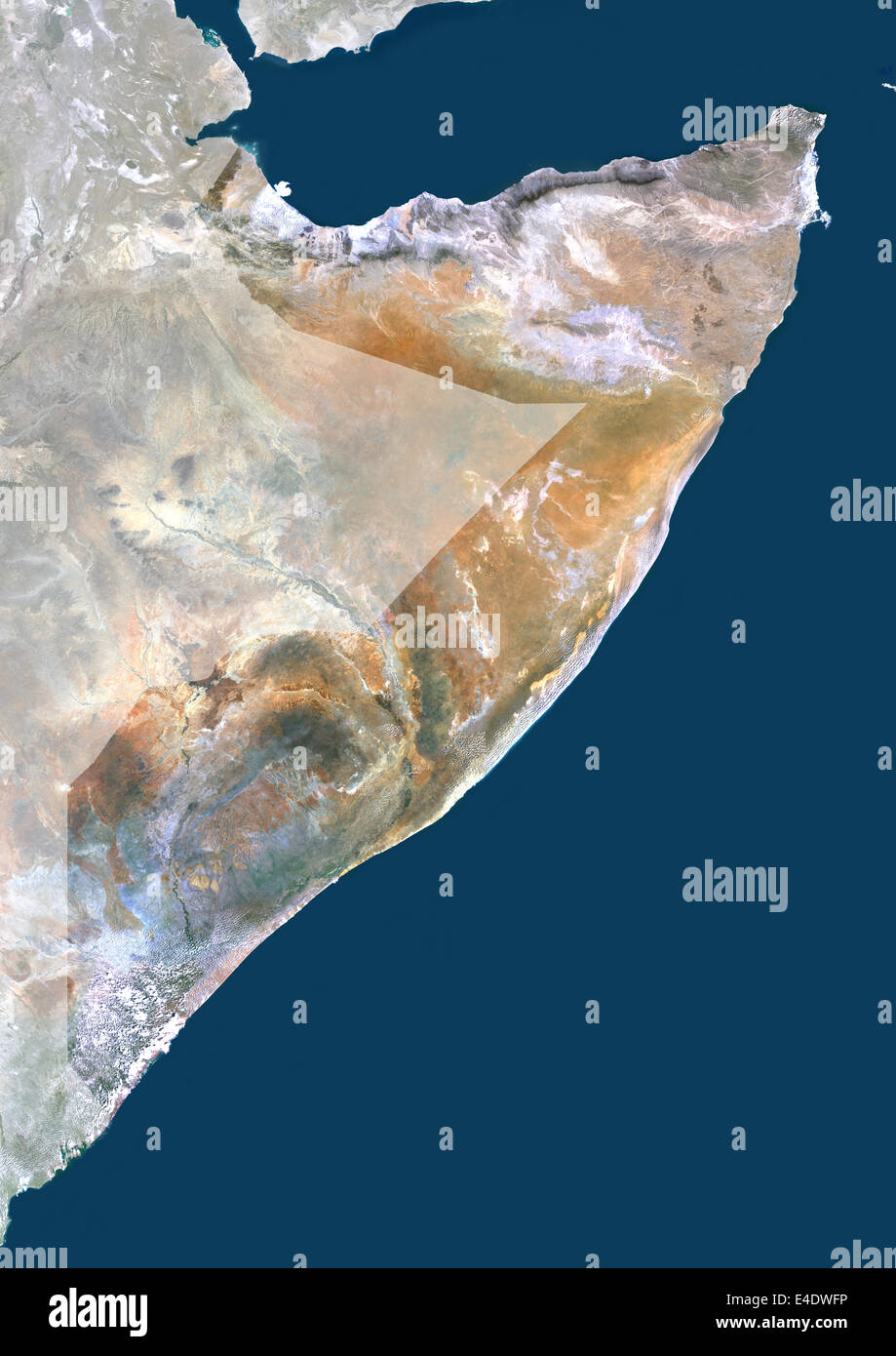 Somalia, Afrika, Echtfarben-Satellitenbild mit Maske. Satellitenansicht von Somalia (mit Maske). Dieses Bild wurde aus Daten erstellt. Stockfoto