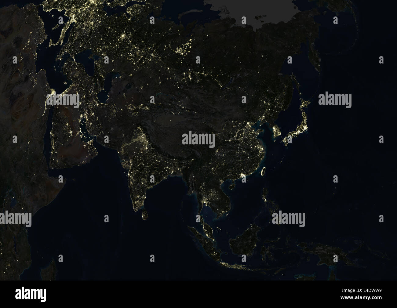 Asien in der Nacht, wahre Farbe Satellitenbild. Echtfarben-Satellitenbild von Asien in der Nacht. Dieses Bild in Lambert azimutalen gleich Stockfoto