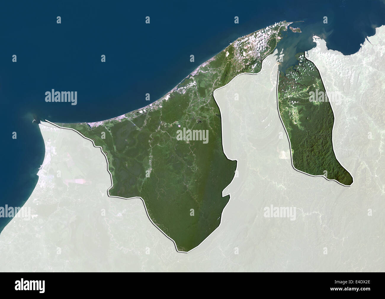 Brunei, Echtfarben-Satellitenbild mit Rand und Maske Stockfoto