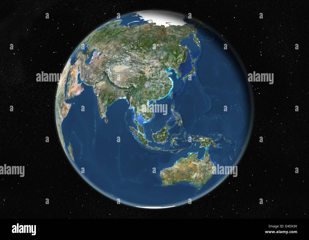 Globus, Asien und Ozeanien, Echtfarben-Satellitenbild im Mittelpunkt. Echtfarben-Satellitenbild der Erde in den Mittelpunkt Asiens und Oce Stockfoto