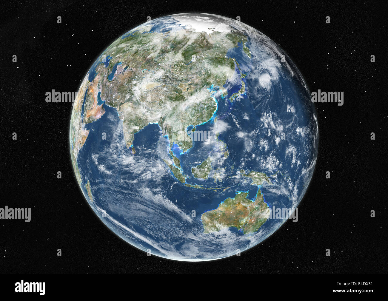 Globus, Asien und Ozeanien, Echtfarben-Satellitenbild im Mittelpunkt. Echtfarben-Satellitenbild der Erde in den Mittelpunkt Asiens und Oce Stockfoto