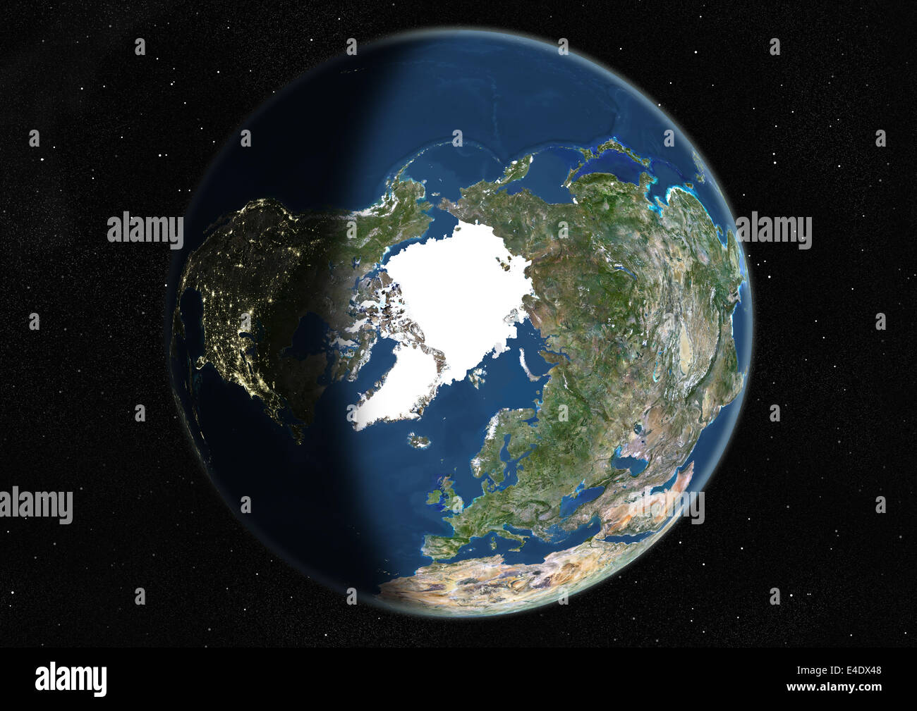 Globus den Nordpol, EchtfarbenSatellitenbild im Mittelpunkt