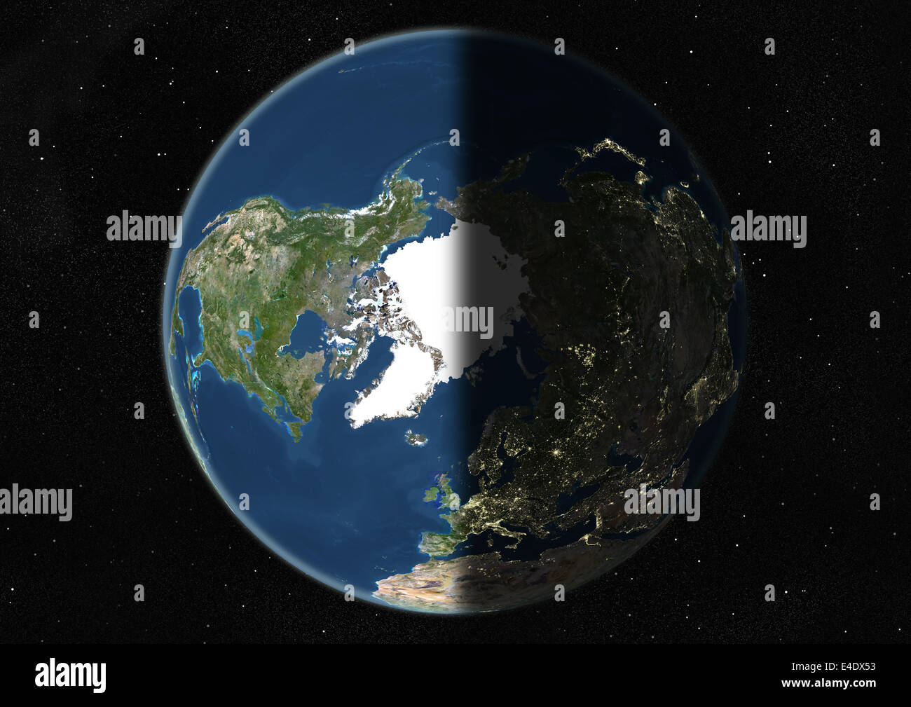 Globus den Nordpol, Echtfarben-Satellitenbild im Mittelpunkt. Echtfarben-Satellitenbild der Erde am Nordpol zentriert Stockfoto