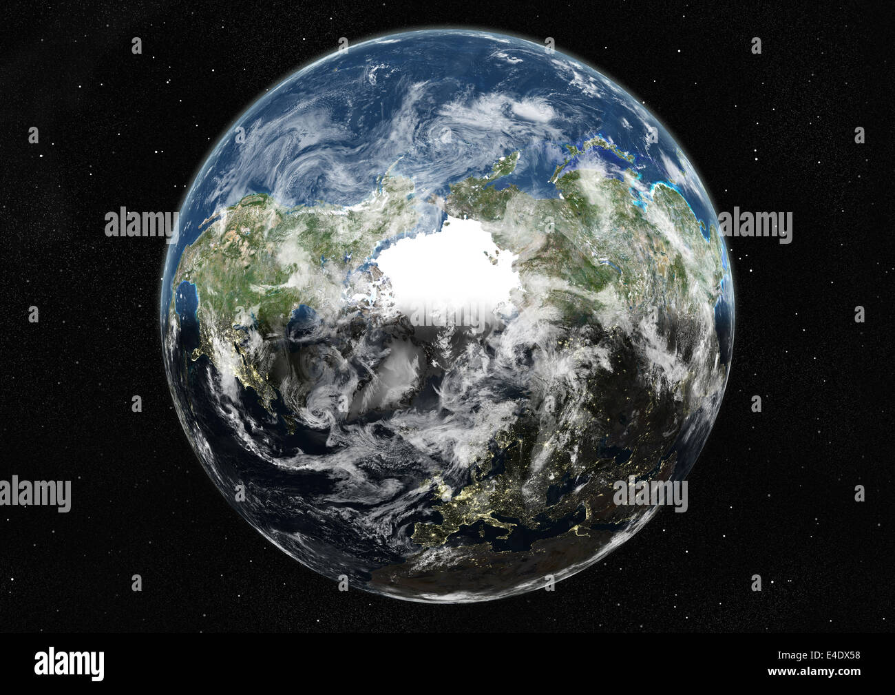 Globus den Nordpol, Echtfarben-Satellitenbild im Echtfarben-Satellitenbild der Erde am Nordpol zentriert Stockfotografie - Alamy