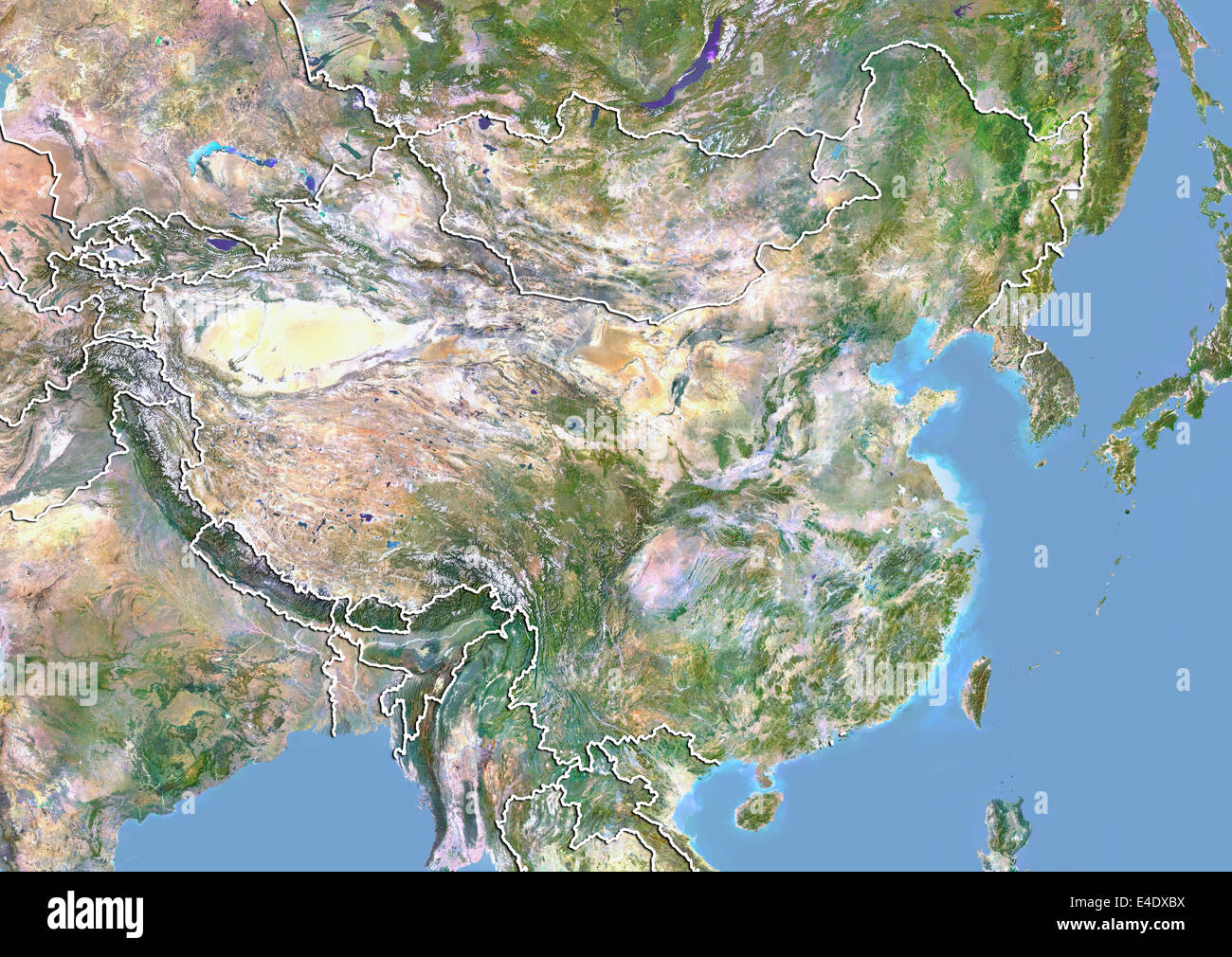 China, Satellitenbild mit Relief-Effekt, mit Rand Stockfoto