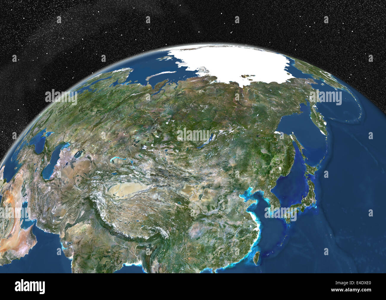 Kugel-Asien, Echtfarben-Satellitenbild zeigt. Echtfarben-Satellitenbild der Erde zeigen, Asien und dem Nordpol. Dies Stockfoto