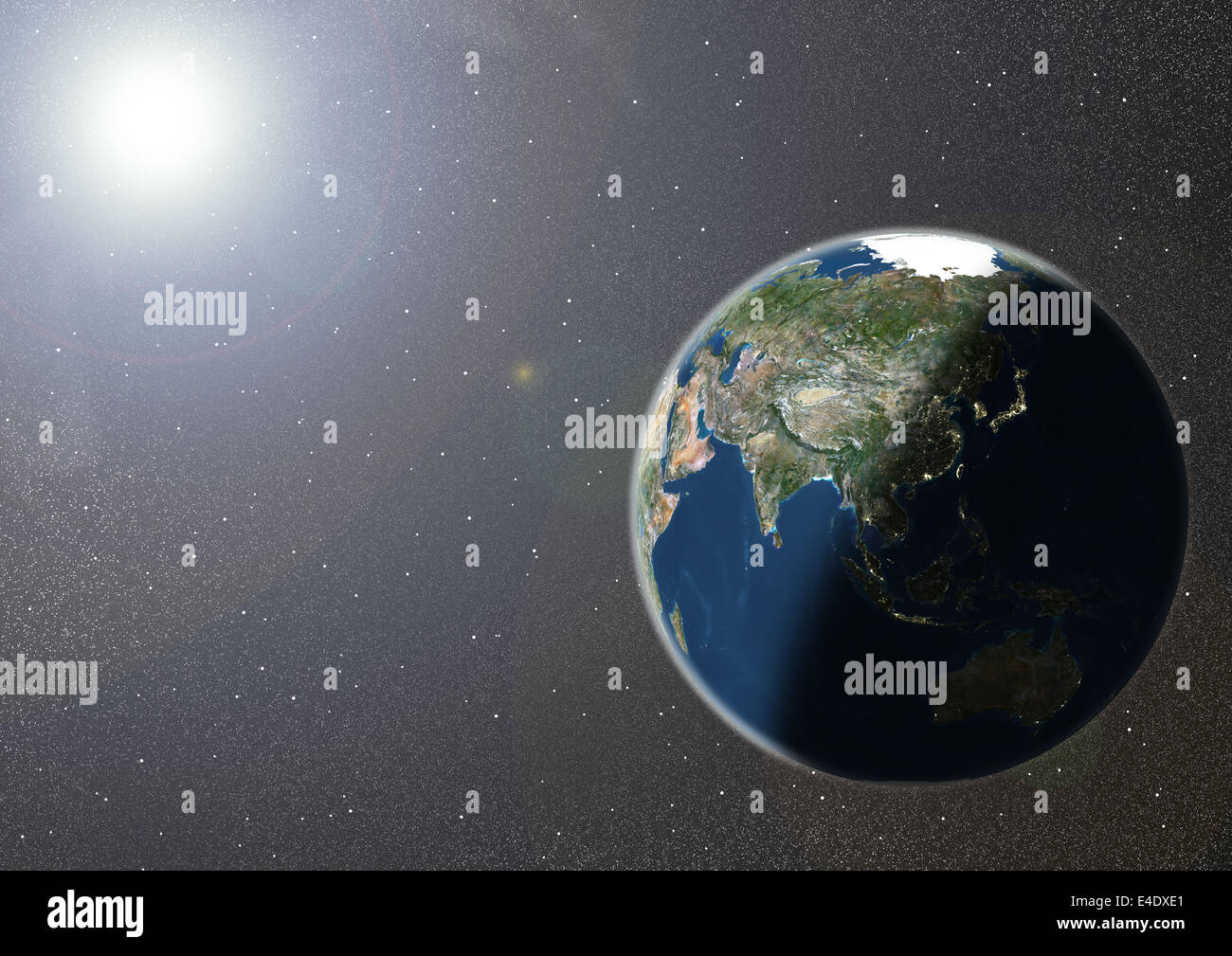 Kugel-Asien, Echtfarben-Satellitenbild zeigt. Echtfarben-Satellitenbild der Erde zeigen, Asien und Ozeanien, die Hälfte in shad Stockfoto